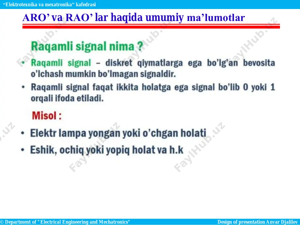 teristikasi © department of "electrical engineering and mechatronics" design of presentation anvar djalilov “elektrotexnika va mexatronika” kafedrasi sample aro’ ning asosiy texnik xarakteristikasi © department of "electrical engineering and mechatronics" design of presentation anvar djalilov “elektrotexnika va mexatronika” kafedrasi kodlash diskret lash aro’ ning asosiy texnik xarakteristikasi © department of "electrical engineering and mechatronics" design of presentation anvar djalilov “elektrotexnika va mexatronika” kafedrasi aro’ ning asosiy texnik xarakteristikasi © department of "electrical engineering and mechatronics" design of presentation anvar djalilov “elektrotexnika va mexatronika” kafedrasi aro’ ning asosiy texnik xarakteristikasi © department of "electrical engineering and mechatronics" design of presentation anvar djalilov “elektrotexnika va mexatronika” kafedrasi aro’ ning asosiy texnik xarakteristikasi © department of "electrical engineering and mechatronics" design of presentation anvar djalilov “elektrotexnika va mexatronika” kafedrasi aro’ va rao’ larning asosiy xarakteristikalari © department of "electrical engineering and mechatronics" design of presentation anvar djalilov “elektrotexnika va mexatronika” kafedrasi aro’ va …