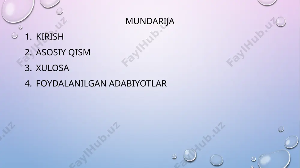 uchun where, biron oraliq berish uchun between, jadvallarni qo’shishda union, join lardan foydalanildi. xulosa sql(structured query language) so‘rov tili ko‘p operatorlardan tashkil topgan bo‘lib, bu operatorlar orqali foydalanuvchilar va dasturlar oracle(mbbt) dagi ma’lumotlar bazasiga murojatni amalga oshirishi mumkin. oracle utilitalari yoki har xil dasturlar sql operatorlarisiz bazaga murojatni amalga oshirishi mumkin, lekin so‘rovlarni amalga oshirishda bu so‘rov tilidan foydalanmaslikning iloji yo‘q. foydalanilgan adabiyotlar o‘zbеkiston rеspublikasi prеzidеntining 2017 yil 7 fеvraldagi pf-4947-son “o‘zbеkiston rеspublikasini yanada rivojlantirish bo‘yicha harakatlar stratеgiyasi to‘g‘risida”gi farmoni. mirziyoеv sh.m. buyuk kеlajagimizni mard va olijanob xalqimiz bilan birga quramiz. toshkеnt. «o‘zbеkiston», nmiu, 2017. – 488 b. o‘zbеkiston rеspublikasi prеzidеntining “2017-2021 yillarda yer osti suvlari zaxiralaridan oqilona foydalanishni nazorat qilish va hisobga olishni tartibga solish chora-tadbirlari to‘g‘risida”gi qarori. eric redmond, jim r. wilson. a guide to modern databases and the nosql movement– 347 с. aqsh, 2015 г. 1-laboratoriya ishi kutubxona ma’lumotlar bazasining mohiyat-aloqa diagrammasi. kutubxona ma’lumotlar bazasining relyatsion modeli. …