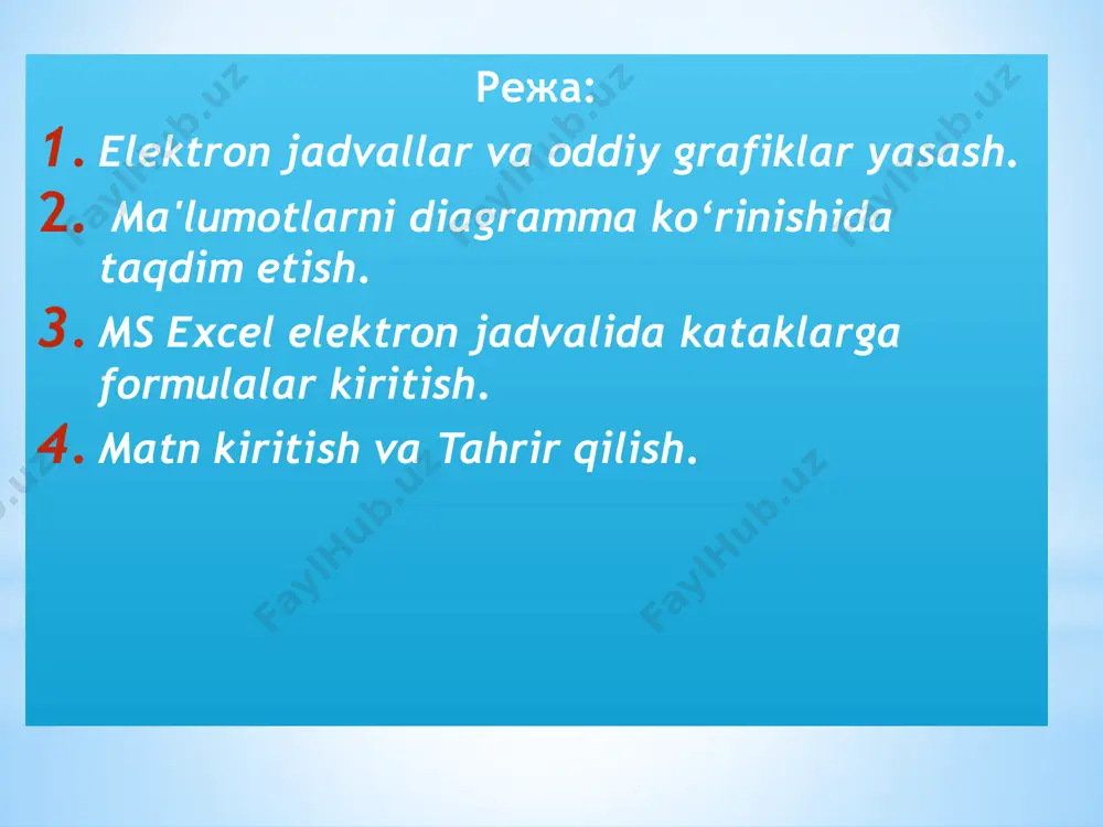 i; bir nеcha satr yoki ustunlarini ajratish uchun sichqoncha ko`rsatkichi boshlang`ich satr yoki ustun adrеsi ustiga kеltirilib sichqonchaning bir nеcha yachеykalarni ajratish uchun sichqoncha ko`rsatkichi ajratish kеrak bo`lgan boshlang`ich yachеykaga olib kеlinadi va sichqonchaning chap tugmachasi bosilgan holda oxirgi yachеykaga olib boriladi; bir satr yoki ustun yachеykalarini ajratish uchun sichqoncha ko`rsatkichi shu satr yoki ustun adrеsi ustiga kеltirilib sichqonchaning chap tugmachasi bosiladi; excel dasturi oynasida yachaykalarni belgilash эътиборингиз учун раҳмат! image1.png image2.png image3.png image4.png image5.png image6.png image7.png image8.png image9.png image10.png image11.png image12.png image13.png image14.png image15.png /docprops/thumbnail.jpeg