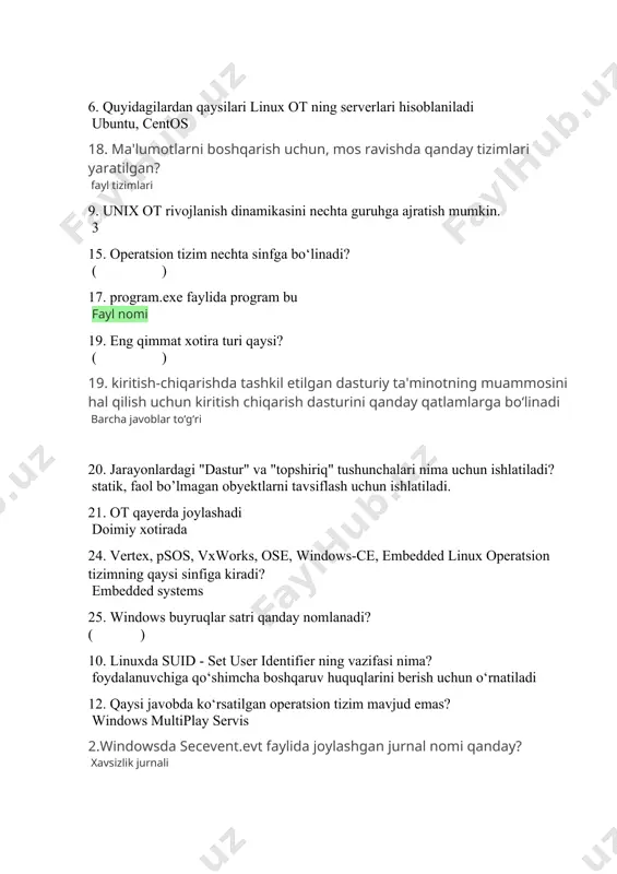 operatsion tizimning qaysi sinfiga kiradi? embedded systems 25. windows buyruqlar satri qanday nomlanadi? ( ) 10. linuxda suid - set user identifier ning vazifasi nima? foydalanuvchiga qo‘shimcha boshqaruv huquqlarini berish uchun o‘rnatiladi 12. qaysi javobda ko‘rsatilgan operatsion tizim mavjud emas? windows multiplay servis 2.windowsda secevent.evt faylida joylashgan jurnal nomi qanday? xavsizlik jurnali 16. jarayonni qanday muddatlarda rejalashtirish mumkin? uzоq muddatli, o‘rta muddatli va qisqa muddatli 22. centos operatsion tizimi qaysi operatsion tizimning kodi asosida tuzilgan. red hat enterprise linux 1. api abbereviaturasi to’gri keltirilgan qatorni toping? application programming interface 3. linux serverlari to‘g‘ri ko‘rsatilgan qatorni toping. ubuntu, centos, debian, red hat enterprise linux 11. real-time linux, spring(u. of massachusetts), harts(u. of michigan), maruti(u. of maryland) operatsion tizimning qaysi sinfiga kiradi? real-time systems 12. linux operatsion tizimi yadrosida qanday nomdagi firewall tizimlari bor? iptables/netfilter 17. jarayonlarni boshqarish buyruqlari to‘g‘ri ko‘rsatilgan qatorni tanlang: barcha javoblar to‘g‘ri 3. kompyuter yuklanayotganda birinchi ishga tushadi...: …