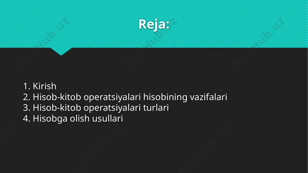 alari turlari 1. kassadagi naqd pul operatsiyalari: bu kassaga naqd pul kirimi va chiqimini oʻz ichiga oladi. masalan, kassadagi kirim va chiqimlar kassa kirim orderi va kassa chiqim orderi shakllari orqali hujjatlashtiriladi. hisob-kitob operatsiyalari turlari 2. bankdagi hisobvaraqlar orqali amalga oshiriladigan operatsiyalar: bu naqd pulsiz hisob-kitoblar boʻlib, toʻlov topshiriqnomasi, toʻlov talabnomasi, chek va boshqa hujjatlar asosida amalga oshiriladi. naqd pulsiz hisob-kitoblar ikki guruhga boʻlinadi: korxonalar tomonidan rasmiylashtiriladiganlar (toʻlov talabnomasi, toʻlov topshiriqnomasi) va banklar tomonidan rasmiylashtiriladiganlar (avizo, memorial orderlar). hisob-kitob operatsiyalari turlari 3. valyuta operatsiyalari: bankdagi maxsus hisobvaraqlar orqali hisobga olinadi, xorijiy valyutada amalga oshiriladigan toʻlovlar va qarzlarni qamrab oladi. 4. moliyaviy investitsiyalar: qimmatli qogʻozlar, obligatsiyalar va boshqa investitsiyalar bilan bogʻliq operatsiyalar, qisqa muddatli moliyaviy qoʻyilmalar hisobga olinadi. hisob-kitob operatsiyalari turlari 5. hisobdor shaxslar, xodimlar va boshqa korxonalar bilan bogʻliq hisob-kitoblar: bu debitor va kreditor qarzlari, xodimlar ish haqi, soliqlar boʻyicha majburiyatlar va bank kreditlarini oʻz ichiga oladi. 6. budjet bilan …