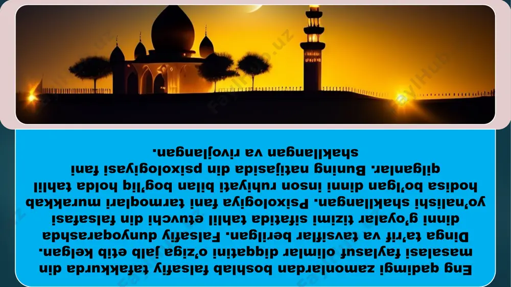 y tajriba va asarlaridan keng foydalanish muhim ahamiyat kasb etadi . movaraunnaxr hududida viii asrdan boshlab islom yagona hukmron dinga aylanganligi sababli uning shaxs , oila , jamiyat hayotiga kirib borishi , madaniyat va ma’naviyatni boyishiga qo’shgan hissasi xususida yoshlani ilmiy , falsafiy bilimlar bilan qurollantirish ko’zda tutiladi . milliy va diniy qadriyatlarning tarixan mushtarakligi , ularning umuminsoniy qadriyatlariga uyg’unlashishi , hozirgi mustaqil o’zbekiston sharoitidagi ahamiyati tushuntiriladi . mustaqillik yillarida dinga yangicha qarash va munosabat natijasida biz uchun nisbatan yangi bo’lgan dinshunoslik fani vujudga keldi . uni o’rganishda chuqur ilmiy tadqiqotlar olib borish , chet ellik mutaxassislarning ilmiy tajriba va asarlaridan keng foydalanish muhim ahamiyat kasb etadi . movaraunnaxr hududida viii asrdan boshlab islom yagona hukmron dinga aylanganligi sababli uning shaxs , oila , jamiyat hayotiga kirib borishi , madaniyat va ma’naviyatni boyishiga qo’shgan hissasi xususida yoshlani ilmiy , falsafiy bilimlar bilan qurollantirish ko’zda tutiladi . milliy va diniy qadriyatlarning …