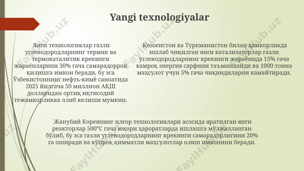 an yirik neftni qayta ishlash zavodlarida qo‘llaniladi. kelajakdagi istiqbollar kelajakda, oʻzbekistonning gaz konlaridan olingan metan va etan kabi gazsimon uglevodorodlarni termik va termik katalitik kreking orqali qayta ishlash hajmi 2030-yilga borib 50% ga oshishi va qoʻshimcha 10000 tonna yuqori sifatli yoqilgʻi ishlab chiqarishga olib kelishi kutilmoqda. evropa ittifoqi mamlakatlarida ekologik toza yoqilgʻi ishlab chiqarishga qaratilgan dasturlar doirasida, termik va termik katalitik kreking orqali gazsimon uglevodorodlarni qayta ishlash texnologiyalariga 2025-yilgacha 5 milliard evro miqdorida investitsiya kiritilishi rejalashtirilgan. jahon boʻyicha, xususan aqsh va xitoyda, termik va termik katalitik kreking texnologiyalari rivojlanishi bilan, 2040-yilga kelib, 15% gacha samaradorlikni oshirish va energiya sarfini 25 mj/kg gacha kamaytirish mumkin boʻladi. iqtisodiy samaradorlik фарғона водийсидаги газни қайта ишлаш заводларидаги тажрибалар шуни кўрсатдики, янги технологияларни жорий этиш энергия сарфини 15-20% га камайтириб, ишлаб чиқариш самарадорлигини оширади. ўзбекистондаги газни термик ва термокаталитик крекинг қилиш орқали олинган бензиннинг тоннасига 150-200 ақш доллари миқдоридаги фойда рентабелликни оширади. ўзбекистондаги газни термик …