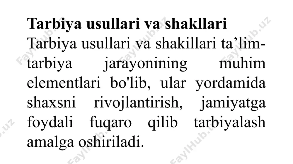 a-onalar tomonidan farzandlarning kundalik hayotida beriladigan tarbiya. ijtimoiy tarbiya: jamoatchilik faoliyati va ijtimoiy institutlar (masjid, markazlar, jamiyat) orqali o‘tkaziladigan tarbiya. tarbiya turlari tarbiya turlari uning maqsadi va mazmuniga qarab quyidagilarga bo‘linadi: ma’naviy-axloqiy tarbiya: axloqiy qadriyatlarni shakllantirish. estetik tarbiya: go‘zallikni qadrlash va uni his qilish qobiliyatini rivojlantirish. aqliy tarbiya: intelektual rivojlanish va tafakkurni o‘stirish. jismoniy tarbiya: sog‘lom turmush tarzini targ‘ib qilish. mehnat tarbiyasi: mehnatga bo‘lgan hurmatni shakllantirish. vatanparvarlik tarbiyasi: vatan, jamiyat va xalqga xizmat qilish ruhiyatini tarbiyalash. bu usul va shakllar pedagogik jarayonning muvaffaqiyatli amalga oshirilishi uchun muhimdir. e’tiboringiz uchun rahmat /docprops/thumbnail.jpeg