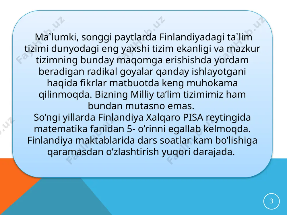 lar mavjud davlat maktabi xususiy boshlang’ich maktab xususiy o’rta maktab aqshda ta’lim tizimining tuzilishi maktabgacha tarbiya muassasalari (3 yoshdan 5 yoshgacha) boshlang’ich maktablar 1-8- sinflargacha ( 6 yoshdan 13 yoshgacha) o’rta maktablar 9-12-sinflargacha (14-17 yoshgacha) bo’lgan bolalar ta’lim oladilar). u quyi va yuqori bosqichdan iborat. oliy ta’lim 2 yoki 4 yil o’qitiladigan kollejlar xamda dorilfununlar va boshqa oliy o’quv yurtlari tarkibida tashkil etilgan aspirantura yoki doktoranturalardir. o’quvchilarga 4 yo’nalishda hunar berib boradilar: 1. qishloq xo’jalik kasblari ta’limi; biznes ta’limi savdo va sanoat ta’limi qurilish ta’limi oliy ta’lim 4 asosiy bosqichda amalga oshiriladi 1-kichik mutaxassis -2 yillik kollejda amalga oshiriladi; 2-bakalavr 4 yillik kollejlarda- 4 yillik dorilfunini tugatgan; 3-bosqich 1-2 yillik magistr maktabi; 4-bosqich aspirantura, doktorantura. 12 13 yaponiya ta’lim tizimi yaponiya zamonaviy ta’lim tizimining tarixi quyidagi 5ta davrga bo‘linadi: asos solingan davr. 1867-1885 yillarni qamrab oladi. 2. birlashuv (konsolidatsiya) davri. 1886-1916 yillarni o‘z ichiga oladi. 3. tarqalish (ekspansiya) davri. 1917-1936 …