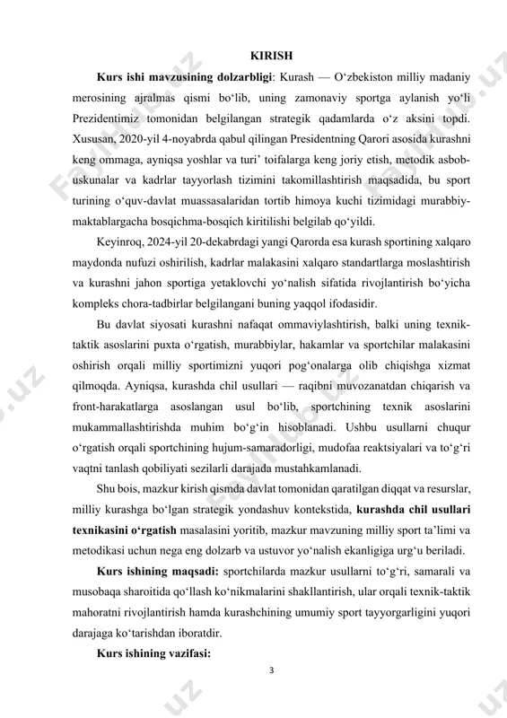 qishga xizmat qilmoqda. ayniqsa, kurashda chil usullari — raqibni muvozanatdan chiqarish va front-harakatlarga asoslangan usul bo‘lib, sportchining texnik asoslarini mukammallashtirishda muhim bo‘g‘in hisoblanadi. ushbu usullarni chuqur o‘rgatish orqali sportchining hujum-samaradorligi, mudofaa reaktsiyalari va to‘g‘ri vaqtni tanlash qobiliyati sezilarli darajada mustahkamlanadi. shu bois, mazkur kirish qismda davlat tomonidan qaratilgan diqqat va resurslar, milliy kurashga bo‘lgan strategik yondashuv kontekstida, kurashda chil usullari texnikasini o‘rgatish masalasini yoritib, mazkur mavzuning milliy sport ta’limi va metodikasi uchun nega eng dolzarb va ustuvor yo‘nalish ekanligiga urg‘u beriladi. kurs ishining maqsadi: sportchilarda mazkur usullarni to‘g‘ri, samarali va musobaqa sharoitida qo‘llash ko‘nikmalarini shakllantirish, ular orqali texnik-taktik mahoratni rivojlantirish hamda kurashchining umumiy sport tayyorgarligini yuqori darajaga ko‘tarishdan iboratdir. kurs ishining vazifasi: · texnik vazifa – sportchilarda chil usullarining nazariy mohiyatini tushuntirish, ularning bajarilish mexanizmini bosqichma-bosqich o‘rgatish, to‘g‘ri holatni egallash, oyoq va qo‘l harakatlarini muvofiqlashtirish, kuchni to‘g‘ri taqsimlash va yakuniy harakatni mukammal bajarishga o‘rgatish. · taktik vazifa – chil usullarini …