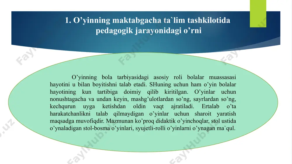 qlanadi. masalan: ≪oq terakmi ko'k terak, bizdan sizga kim kerak≫ harakatli o'yinida bolalardagi chaqqonlik, zehnlilik, chidamlilik malakalari rivojlanadi. musiqaviy - didaktik o'yinlarda esa musiqa ovozlarining ba'zi bir xususiyatlarini farq qilishga o'rgatish, qadam va yugurish ritmi ("kim kelayotir", "sichqonlar yugurishayotir") ovoz va cholg'u asboblari tembrlarini (“musiqaviy o'yinchoqni o'ylab top”, "ovozidan bilib ol“ ajrata bilishga o'rgatish vazifalari ham hal etiladi. 4.bolalar o'yinlarida tasvirlash vositalari bolalarning o'ynashlari uchun ma’lum vositalar kerak. rolli o'yinlarda bolalar har xil vositalardan foydalanadilar, ulardan asosiylari quyidagilar: bolalarning o'z harakatlari; o'yinchoq va boshqa materiallar; so'z. bolalarning asosiy tasvirlovchi vositalari o'zlarining harakatidir, masalan, bola ikki oyog'ida sakrab quyonchaga taqlid qiladi. ikki qo'lini qimirlatib, pishillab parovoz bo'ladi va h.k.bolalarning ko'p harakatlari qurish, yasash bilan bog'liq bo'ladi, ular soatlab parovoz, paroxod, elektrovoz quradilar, ularni o'ziga o'xshatishga urinadilar. ko'pincha qurish o'yinning boshlanishi bo'lib xizmat qiladi. so'z yordamida bolalar qanday o'yin o'ynashlarini kelishib oladilar. so'z yordamida bir-biri bilan muomalada bo'lib, o'z fikrlarini izhor etishadi. …