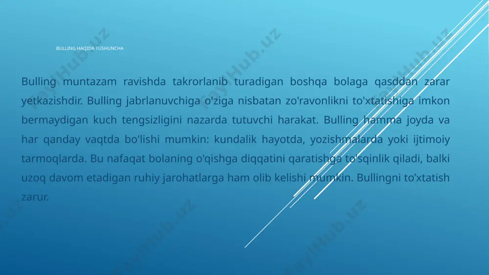 oki ota-onasi uchungina «besh»ga o‘qiydigan bola odatda faqatgina yodlash bilan kun kechiradi. maqsadlarni to‘g‘ri qo‘yishni va ularga erishish texnologiyalarini o‘rgating. yaxshi va muntazam qaytariladigan odatlar ham bola farovonligi uchun muhim. bullingni konstruktiv tarzda boshdan kechirish uchun uni iloji boricha yozma ravishda tahlil qilish ham yordam beradi. ota-onalar doimo bullingga qarshi chora ko‘rishi kerak, ayniqsa bulling og‘ir yoki doimiy tus olayotgan bo‘lsa. bulling o‘zidan o‘zi o‘tib ketmaydi. maktab direktori yoki bolaning o‘qituvchisi bilan gaplashing. bullingni oldini olish bilan boshlang!!! farzandingizni shaxsan yoki internet orqali zo‘ravonlik/bullingdan himoya qilishning dastlabki qadami uni ushbu muammo haqida xabardor qilishdan iborat. 1. farzandlaringizga bulling to'g'risida gapirib bering. bolalar zo‘ravonlik/bulling nima ekanligini bilganlaridan so‘ng, ular o‘zlariga yoki boshqa birovga nisbatan bunday holat sodir bo‘lishi bilanoq, ushbu holatni osonroq aniqlashga qodir bo‘ladi. 2. ochiq va tez-tez bolalaringiz bilan suhbatlashing. farzandlaringizga zo‘ravonlik/bulling haqida qanchalik ko‘p gapirsangiz, ular buni ko‘rganlarida yoki boshdan kechirganlarida sizga aytib berishlari osonroq bo‘ladi. har kuni …