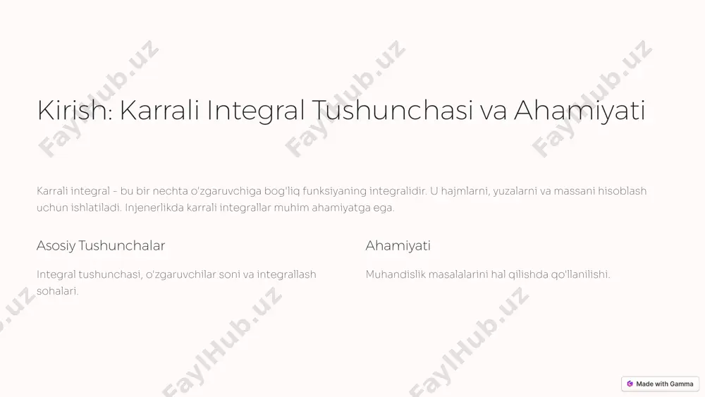 y masalalar real ob'ektlar uchun massa markazini aniqlash. 6 karrali integrallarni qo'llash: inersiya momentini hisoblash inersiya momenti - bu ob'ektning aylanishga qarshilik ko'rsatish o'lchovidir. karrali integrallar inersiya momentini hisoblashda juda muhim rol o'ynaydi. misollar bilan tushuntiramiz. ta'rif inersiya momentining ta'rifi va ahamiyati. hisoblash karrali integrallar yordamida hisoblash usullari. 7 karrali integrallarning muhandislikdagi amaliy misollar karrali integrallar turli xil muhandislik sohalarida qo'llaniladi. bularga qurilish, mashinasozlik va aerokosmik muhandislik kiradi. bir nechta amaliy misollarni ko'rib chiqamiz. qurilish konstruksiyalarni tahlil qilish. 1 mashinasozlik mexanizmlarni loyihalashtirish. 2 aerokosmik samolyotlarni loyihalashtirish. 3 8 dasturlash tillarida karrali integrallarni hisoblash karrali integrallarni dasturlash tillarida ham hisoblash mumkin. bunga python, matlab va boshqa tillar yordamida erishish mumkin. dasturiy ta'minot bilan ishlashga misollar keltiramiz. 1 python 2 matlab 3 boshqa tillar 9 xulosa va kelajakdagi tadqiqotlar karrali integrallar injenerlik sohasida muhim rol o'ynaydi. ular hajmlarni, massa markazini va inersiya momentini hisoblash uchun ishlatiladi. kelajakda bu sohada yangi tadqiqotlar olib …