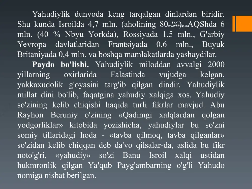 yahudiylarga ham shu kuni darn olishni buyurdi. shu sabab yahudiylik dinida shanba kuni ulug' kun hisoblanib, hech bir ishga qo'l urilmaydi. 2. yahudiylar yer yuzidagi xalqlarning «eng mumtozi» va u «dunyoda berilajak in'omlaming eng haqlisi» ekanligi. ular o'zlarini xudo tomonidan saylangan, muqaddas xalq ekanini, yahudiyning ruhi xudoning bir qismi hisoblanishini da'vo qiladilar. 3. messiya - xaloskorning kelishi haqida. unga ko'ra, oxirzamonda yahve yahudiylar orasidan bir xaioskomi chiqaradi va u quyidagi vazifalarni bajaradi: 1) dunyoni isloh qilgan holda qaytadan quradi; 2) butun yahudiylami sinion atxofida to'playdi; 3) ularning barcha dushmanlarini jazolaydi. 4. oxirat kuniga ishonish. yahudiylikda oxirat haqidagi tasavvurlar, asosan talmudda bayon etilgan. unga ko'ra, yahvega chin e'tiqod qilganlar oxiratda mukofotlanadilar. aksincha, uning qonunlarini buzganlar shafqatsiz jazo oladilar. www.arxiv.uz www.arxiv.uz www.arxiv.uz www.arxiv.uz b r a x m a n l i k veda dinlarining bir shahobchasidir. vaqt o'tishi bilan vedalardagi qo'shiqlar ommaga, hattc ruhoniylarga ham tushunarsiz bo'lib qoldi. bu qo'shiqlar hali …
