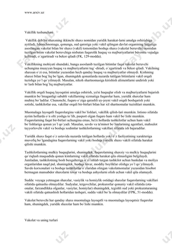 iq bo`lgandagina fuqarolarning vakil yoki boshqa yuridik shaxs vakili sifatida harakat qilishi mumkin. tashkilotlarning mulkiy huquqlarini, shuningdek, fuqarolarning shaxsiy va mulkiy huquqlarini qo`riqlash maqsadida qonun kimlarning vakil sifatida harakat qila olmasligini belgilaydi. jumladan, tashkilotning bosh buxgalteriga o`zi ishlab turgan tashkilot uchun bankdan va moliya organlaridan naqd pul, shuningdek, boshqa tovar, moddiy boyliklar olishga yo`l qo`yilmaydi. savdo korxonalari va boshqa tashkilotlar o`zlaridan olingan vakolatnomalar yuzasidan hisobot bermagan mansabdor shaxslarni tovar va boshqa ashyolarni olish uchun vakil qila olamaydi. sudda: voyaga yetmagan shaxslar, vasiylik va homiylik ostidagi shaxslar fuqarolarning vakillari sifatida qatnasha olmaydilar. sudyalar, tergovchilar, prokurorlar qonuniy vakil sifatida (ota-onalar, farzandlikka olganlar, vasiylar, homiylar) shuningdek, tegishli sud yoki prokuraturaning vakili sifatida qatnashish hollaridan tashqari, sudda vakil bo`la olmaydilar (fpk, 51-modda). vakolat beruvchi har qanday shaxs muomalaga layoqatli va muomalaga layoqatsiz fuqarolar ham, shuningdek, yuridik shaxslar ham bo`lishi mumkin. vakolat va uning turlari vakil o`zida bo`lgan vakolatga binoan o`zini vakil qiluvchiga nisbatan muayyan …