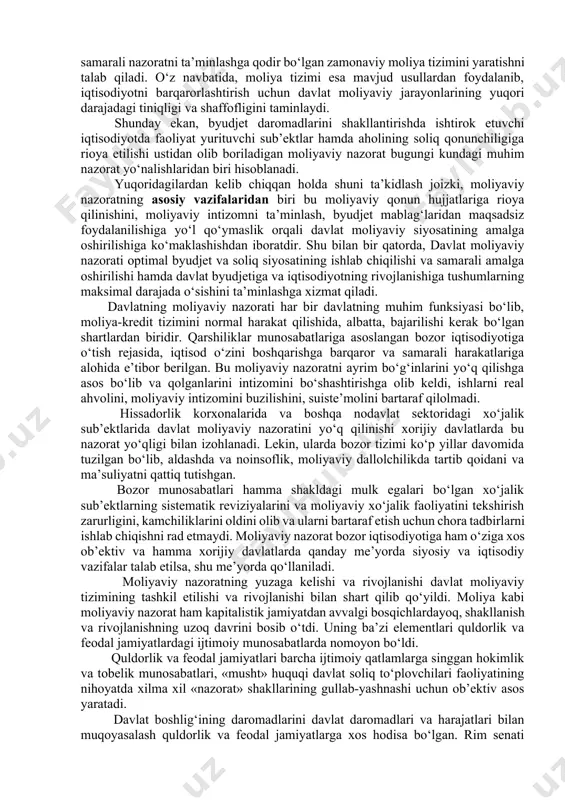 yilda ijtimoiy-iqtisodiy rivojlantirishning asosiy yakunlari va 2017 yilga mo‘ljallangan iqtisodiy dasturning eng muhim ustuvor yo‘nalishlariga bag‘ishlangan vazirlar mahkamasining kengaytirilgan majlisidagi ma’ruza, 2017 yil 14 yanvar. - toshkent: «o‘zbekiston», 2017. -104 b. ] darhaqiqat, islohotlar izchilligini ta’minlash va davlat byudjeti harajatlaridan oqilona foydalanish jarayonida moliyaviy nazoratning ilg‘or usullarini qo‘llash, mablag‘lardan foydalanish samaradorligini oshirish hamda harajatlarni tejashda moliyaviy nazorat organlarining profilaktik tadbirlarni o‘tkazishi muhim ahamiyat kasb etadi. mamlakat moliya tizimida tovar va pul oqimlarini moliyaviy-iqtisodiy boshqarishda davlat moliyaviy nazoratining samarali tizimini yaratish o‘ziga xos o‘rin egallaydi, bundan tashqari davlatning moliyaviy mablag‘laridan samarali foydalanishning kafolati bo‘lib davlat moliyaviy nazorati hisoblanadi. davlatning jamiyat oldidagi asosiy vazifalarini bajarishdagi rolini oshirish bu amaldagi qonunchilikka muvofiq davlat harajatlari va moliyaviy oqimlar yo‘nalishlari ustidan samarali nazoratni ta’minlashga qodir bo‘lgan zamonaviy moliya tizimini yaratishni talab qiladi. o‘z navbatida, moliya tizimi esa mavjud usullardan foydalanib, iqtisodiyotni barqarorlashtirish uchun davlat moliyaviy jarayonlarining yuqori darajadagi tiniqligi va shaffofligini taminlaydi. shunday ekan, byudjet …