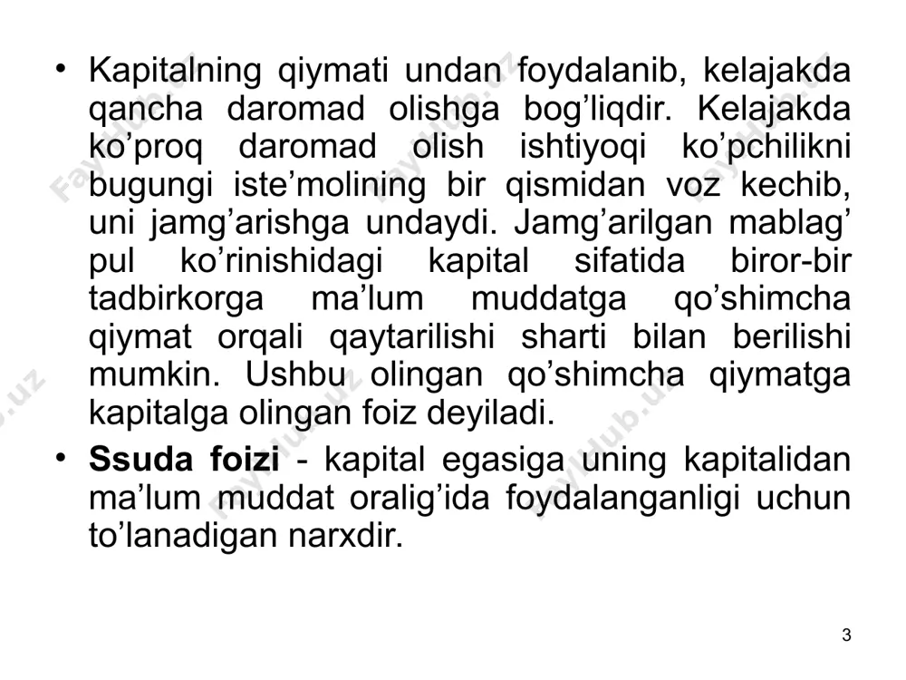 tli oraliqdagi investitsiya asosiy kapitalga qo’yilgan investitsiyalar asosan uzoq muddatli bo’ladi. asosiy kapitalning xizmat qilish, ya’ni undan foydalanish muddati mavjud bo’lib, u chegaralangan bo’ladi. asosiy kapital xizmat ko’rsatish muddati davomida firma uchun daromad keltiradi. uzoq muddatli oraliqdagi kapital qo’yilmadan olinadigan foydani hisoblash uchun asosiy kapitalning xizmat ko’rsatish muddatini va undan foydalanish davomida har yilda olinadigan daromadni bilish kerak bo’ladi. faraz qilaylik, i - investitsiyani chekli qiymati, rj - j-xizmat ko’rsatish yilida asosiy kapitaldan olinadigan chekli (qo’shimcha) daromad. u holda birinchi yil uchun (j=1) kapitalning chekli oqlash normasini (r) quyidagi formula orqali hisoblash mumkin: demak, bugungi bir so’mlik kapitalning qiymati yilning oxiriga kelib 1+r so’mga teng bo’ladi, agar u bir yil davomida r so’mlik foyda keltirsa. * * * * * qiymatni diskontirlash * * 1 dollarning diskontirlangan (keltirilgan) qiymati foiz stavkasi yillar 1 5 10 20 0,01 0,990 0,951 0,905 0,820 0,05 0,952 0,784 0,614 0,377 0,10 0,909 0,621 0,386 …