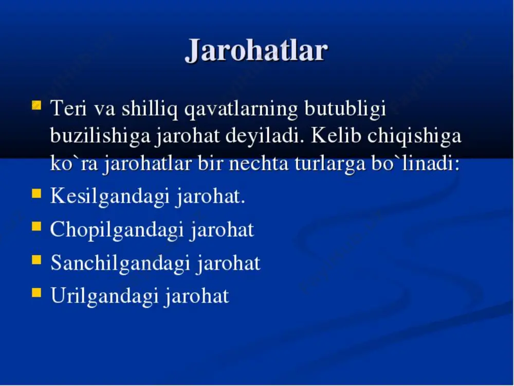 boshqalar) taʼsirini darhol bartaraf etish yoki shikastlangan kishini noqulay sharoitdan xoli qilish (suvdan, oʻt tushgan joydan olib chiqish va boshqalar); 2) shikastlanish tarziga qarab birinchi yordam koʻrsatish (bular haqida q. suyak chiqishi, suyak sinishi, zaharlanish, hushdan ketish, jarohatlanish, kuyish va b 3) yaqin atrofdagi kasalxona, poliklinikaga yetkazish. odam toʻsatdan betob boʻlib qolganida, turli xil baxtsiz hodisalar roʻy berganida, albatta tez yordam chakirish, noiloj qolgan hollarda duch kelgan transportda davolash muassasasiga olib borish zarur. toʻgʻri birinchi yordam koʻrsatish uchun doim tegishli bilim va malakani oshirib borish lozim. ishxona, avtomashina va uydagi dori kugichada birinchi yordam uchun zarur boʻlgan hamma narsalar boʻlishi kerak.birinchi tibiy yordam odam umrini saqlab qolishga qodir image2.jpeg image3.jpeg image4.jpeg image5.jpeg image6.jpeg image7.jpeg image8.jpeg image9.jpeg image10.jpeg image11.jpeg /docprops/thumbnail.jpeg