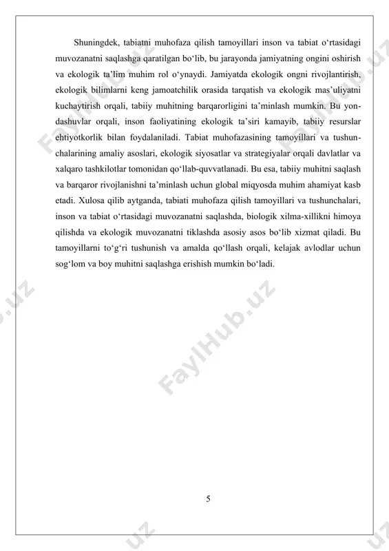 davlat va xalqaro tashkilotlarning ekologik siyosati muhim o‘rin tutadi. ular, resurslarni muqobil va barqaror foydalanishni ta’minlash uchun qonunchilik va iqtisodiy mexanizmlar ishlab chiqadilar. masalan, ekologik soliq va mukofotlar, ekologik sertifikatlar va grantlar yordamida ekologik muhitni saqlashda amaliy yondashuvlar qo‘llaniladi. bu siyosatlarning maqsadi, inson faoliyatining ekologik izini kamaytirish va resurslardan uzoq muddatli foydalanishni ta’minlashdir. shuningdek, ekologik ta’lim va keng jamoatchilikning ongini oshirish ham muhimdir. bu orqali insonlar ekologik muammolar haqida xabardor bo‘lib, muhofaza qilish chora-tadbirlariga faol qatnashadilar. masalan, ekologik bilimlarni oshirish uchun seminarlar, kampaniyalar va ochiq havoda o‘quv dasturlari tashkil etiladi. bu esa, insonlarning ekologik mas’uliyatini kuchaytiradi va muhitni muhofaza qilishda keng ko‘lamli ishtirokni ta’minlaydi. xulosa qilib aytganda, ekologik muhitni saqlashda amaliy usullar va texnologiyalar muhitga ta’sirni kamaytirishga, biologik xilma-xillikni saqlashga va ekologik muvozanatni tiklashga xizmat qiladi. ular, inson faoliyatining salbiy ta’sirini nazorat qilish, qayta tiklash va muhofaza qilish orqali, kelajak avlodlar uchun sog‘lom va boy muhitni yaratishga yordam beradi. shu …