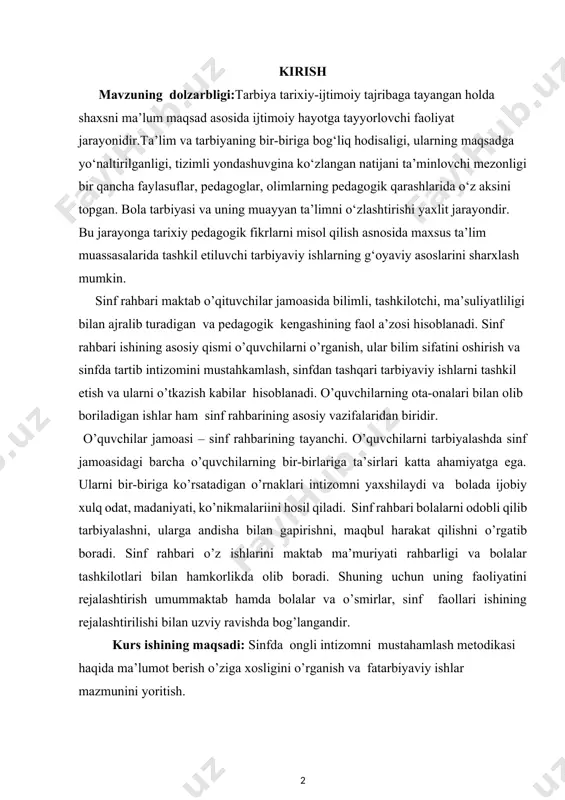 iyati rahbarligi va bolalar tashkilotlari bilan hamkorlikda olib boradi. shuning uchun uning faoliyatini rejalashtirish umummaktab hamda bolalar va o’smirlar, sinf faollari ishining rejalashtirilishi bilan uzviy ravishda bog’langandir. kurs ishining maqsadi: sinfda ongli intizomni mustahamlash metodikasi haqida ma’lumot berish o’ziga xosligini o’rganish va fatarbiyaviy ishlar mazmunini yoritish. kurs ishining ob’ekti: sinfda ongli intizomni mustahamlash metodikasi haqida ma’lumot berish tarbiyaviy ishlar jarayoni. kurs ishiningpredmeti: sinfda ongli intizomni mustahamlash metodikasi haqida ma’lumot berish tarbiyaviy ishlar metod va vositalari. kurs ishiningvazifalari: 1.maktabda sinf rahbarlarining tarbiyaviy ishlarni tashkil etishning g‘oyaviy asoslarini ochib berish va tarbiyaviy yo‘nalishlarining maqsad va vazifalarini tahlil qilish. 2.ta’lim muassasalarida sinf rahbarlarining tarbiyaviy ishlarning turlari va ularni rejalashtirish mazmunini yoritib berish 3.ta’lim muassasalarida sinf rahbarlarining faoliyatiga qo‘yiluvchi zamonaviy talablar mazmunini ko‘rsatib berish. kurs ishining metodologik asoslari: o‘zbekiston respublikasining konstitutsiyasi; “ta’lim to‘g‘risida”gi qonun va “kadrlar tayyorlash milliy dasturi”, sh.мirziyoyevning “qonun ustuvorligi va inson manfaanlarini ta’minlash – yurt taraqqiyoti va xalq farovonligining garovi”asari, “sog‘lom …