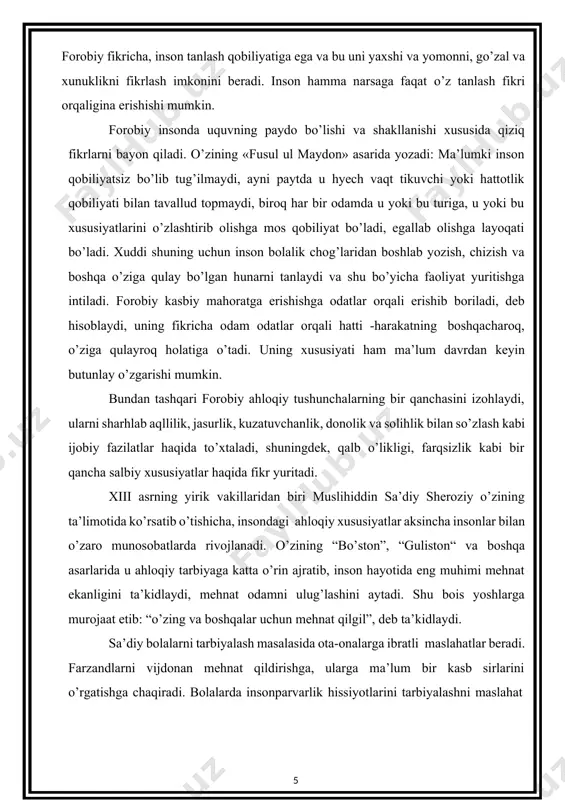 kamtarlik insonning eng yuksak fazilatlaridan biridir. u kamtarlikni keng ma’noda tushunib, uni boshqalarga nisbatan hurmat ma’nosida qabul qildi. ayni paytda sa’diy manmanlik, maqtanchoqlik va boshqa shu kabi salbiy xususiyatlarni qattiq tanqid qildi. u aldov, yolg’onchilik va to’g’rilik inson xususiyatlarini yaqqol ifodalovchi belgilar deb hisoblaydi. u aldoqchilik, hiylagarlik va boshqa shu kabi salbiy xususiyatlar xususan hukmron sinflar vakillarining doimiy yo’ldoshi ekanligini qayd etdi. buyuk mutafakkirning tarbiya masalalari bilan bog’liq boshqa fikrlari ham hozirgi paytda o’z dolzarbligini yo’qotmagan va o’sib kelayotgan avlodni tarbiyalashda qo’l kelmoqda. o’rta osiyoning ulug’ olimi abu ali ibn sino (980 - 1057 yillar) ham o’z ijodida ahloq tarbiyasiga katta e’tibor berdi. ibn sino o’zining”tib qonunlari”asarida ahloqning aql yaxshiligi va yomonligi, sevgi, sahovati va kamtarlik do’stligi kabi tushunchalarni qo’lladi. u yaxshilik va yomonlikni o’zi qanday tushunishini izohlab o’tdi. har bir mavjudot o’z tabiatiga ko’ra olg’a intiladi va rivojlanadi. yuksaklikka intilgan sari o’zidagi kamchilik nuqsonlardan qutulib boradi. ijodkor nazarida kamchiliklardan …