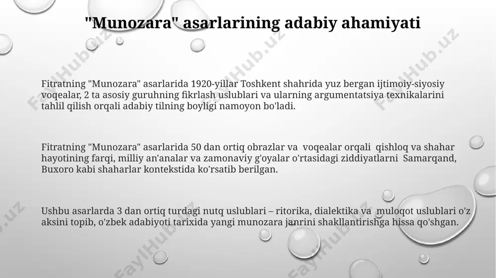 shdi. fitratning munozara asarlarining zamonaviy dolzarbligi fitratning munozaralardagi mantiq va ishonchlilikka oid fikrlari, 5 ta asosiy qoidaga asoslangan holda, bugungi kunda dunyoning har qanday burchagida, jumladan toshkent kabi yirik shaharlarda fikr almashish madaniyatini yaxshilashga yordam beradi. fitratning munozara uslubidagi 20-yillarga oid asarlari, hozirgi kunda 21-asr o'zbekistonida, ommaviy axborot vositalari va siyosiy diskurslarda konstruktiv muloqot madaniyatini rivojlantirishga hissa qo'shishi mumkin. uning samarqanddagi munozaralarga oid kuzatishlari va 30 dan ortiq asarlarida keltirilgan bahs uslublari, bugungi kunda yuqori malakali mutaxassislarni tayyorlashda, argumentatsiya va retorika fanlariga qo'shimcha manba bo'la oladi. xulosa va istiqbollar fitrat "xulosa va istiqbollar"da mubohisalar uslubi va retorika vositalarining 2 ta asosiy yo'nalishini ta'kidlab, turkistonning intellektual hayotiga ta'sirini o'rganadi. fitratning "xulosa va istiqbollar" asarida 1920-yillardagi buxoro va samarqanddagi munozaralarga oid 5 dan ortiq misollar keltirilgan bo'lib, ular munozara madaniyatining rivojlanishiga ta'sirini ko'rsatadi. ushbu asarda, taxminan 30 ga yaqin turli mavzulardagi munozaralar tahlili berilgan bo'lib, ular orasida ijtimoiy, siyosiy va diniy masalalar …