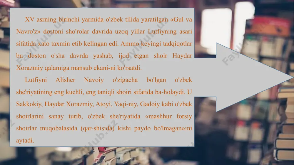 hqari, to'rttagina («sensan», «sevarim», «qondur» va «jigarim») so'z ishtirok etgan. bu birinchi bayt amalda yorga oshiq-likni anglatadi, xolos. lekin qo'shmisra mazmunidan uning to'g'ridan to'g'ri yorga murojaat ekani bilinib tu-ribdi. ikkinchi baytda ustalik bilan oshiqning hijron (ayriliq) kechasida sahargacha oh chekkani, bu charxi falakka yet-gani aytiladi. birinchi misra oxiridagi «moh» so'zi bilan ikkinchi misra boshidagi «oh» o'zaro ohangdoshlik pay do qilganki, bu ham shoirning yuksak badiiy mahoratidan dalolat beradi. uchinchi bayt alohida izoh talab qiladi. buning uchun awal «guzar» so'zining ayni matndagi xos ma'nosini tu-shunib olish kerak. agar bu so'zni «o'tish» deb anglasak: «xoh ishon, xoh ishonma, xudo haqqi, boshimga qi-lich kelsa ham, eshiging oldidan o'tmayman», - degan g'azaldagi umumiy mantiqqa zid ma'no-mazmun kelib chiqadi. shuning uchun bu so'zni «ketish» ma'nosida tu-shunish lozim. shunda: «xoh ishon, xoh ishonma, xudo haqqi, boshimga qilich kelsa ham, eshiging oldidan nari ketmayman», - degan to'g'ri ma'no anglashiladi. to'rtinchi baytda lirik qahramon har vaqt yorining su-zuk …