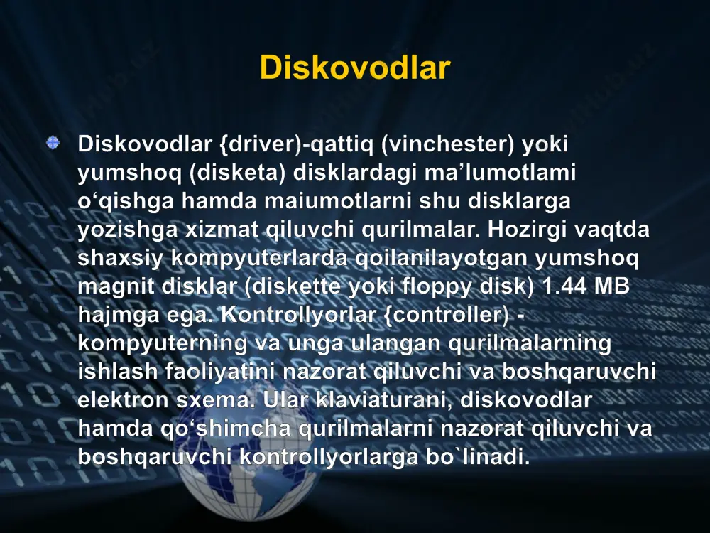 ilan asinxron portlar orqali bogianuvchi) modemlarga boiin adi. maiumot uzatish tezligi turiga qarab 1200, 2400, 4800, 9600 bod (1 bod = 1 bit/sek); faks. plotter. grafik planshet faks - modem (fax - modem) - faks hamda modemlaming vazifalarini birgalikda bajaruvchi qurilma. plotter (plotter) - har xil chizmalarni qog‘ozga bosib chiqaruvchi qurilma. baraban tipidagi(chizmalarni o ‘ram shaklidagi qog‘ozga chiqaruvchi) va planshet tipidagi (chizmalarni maxsus stol ustiga qo‘yilgan tekis qog‘ozga chiqaruvchi) plotterlar ishlab chiqilmoqda. asosan loyihalash ishlarini avtomatlashtiruvchi sistemalarda ishlatiladi; grafik planshet (graphics pad) - murakkab chizmalarni o ‘qib, kompyuterga kirituvchi qurilma; e’tiboringiz uchun rahmat image2.png image3.gif image12.jfif image13.jfif image14.png image15.jfif image16.jfif image4.jfif image5.jfif image6.jpg image7.jfif image8.jfif image9.jfif image10.jfif image11.jpg image1.png /docprops/thumbnail.jpeg