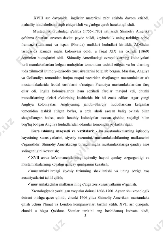 lsa, unda janubiy koloniyalar asosan qishloq xo'jaligi bilan bog'liq bo'lgan angliya hududlaridan odamlar tomonidan joylashtirilgan. kurs ishining maqsadi va vazifalari: - bu mustamlakalarning iqtisodiy hayotining xususiyatlarini, siyosiy tuzumini, mustamlakachilarning mafkurasini o'rganishdir. shimoliy amerikadagi birinchi ingliz mustamlakalariga qanday asos solinganligini ko'rsatish; · xvii asrda ko'chmanchilarning iqtisodiy hayoti qanday o'zgarganligi va mustamlakalarning xo'jaligi qanday qurilganini kuzatish; · mustamlakalardagi siyosiy tizimning shakllanishi va uning o‘ziga xos xususiyatlarini tahlil qilish; · mustamlakachilar mafkurasining o'ziga xos xususiyatlarini o'rganish. xronologiyada yoritilgan voqealar doirasi 1606-1700. aynan shu xronologik doirani olishga qaror qilindi, chunki 1606 yilda shimoliy amerikani mustamlaka qilish uchun plimut va london kompaniyalari tashkil etildi. xvii asr qiziqarli, chunki u bizga qo'shma shtatlar tarixini eng boshidanoq ko'rsata oladi, amerikaliklarning mafkuraviy qarashlari mohiyatini tushuntiradi va xalq shakllanishining haqiqiy tarixini ochib beradi. xvii -asrda buyuk ilmiy kashfiyotlar davri kelmoqda, hozirgi vaqtda madaniyat tarixini tubdan o'zgartirish uchun zarur shart-sharoitlar yaratilmoqda, chunki 18-asr kelishi bilan. ma’rifat davri boshlanadi. ushbu hodisa …