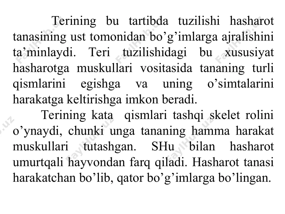 ‘st oyoqning harakatchan bo‘lishini ta’minlaydi. oyoqning eng kuchli va eng yirik qismi – sondir. boldiri uzunligi jihatidan soniga o‘xshaydi, ammo unga qaraganda ingichkaroq aksari tikanchalar bilan ta’minlangan bo‘ladi. panjasi oyoqning oxirgi qismini tashkil qiladi va ilgarigi qismlaridan farq qilib, ko‘pincha bo‘g‘imlarga bo‘lingan bo‘ladi. hayot kechirish sharoiti va ixtisoslashish darajasiga muvofiq holda xasharot oyoqlarining har xil turlari vujudga kelgan. yurish-chopishga moslashgan oyoqlar eng ko‘p uchraydi va turli sharoitga moslashgan. yangi usullarda harakatlanishga va yashash sharoitiga moslashish quyruqli buzoqboshda - qazish, beshiktervatarlarda – tutish, tovontesharlarda-suzish kabi xususiyatga ega bo‘lgan oyoqlar paydo bo‘lishiga yordam beradi. hasharotlarning qanotlari- ko‘p hollarda ikki juft bo‘lib, havoda uchish vositasi sifatida xizmat qiladi. qanotlar ko‘krakning o‘rta va keyingi qismiga birikadi. qanotlar aslida tananing yon burmasidan iboratdir va shu boisdan kelib chiqishi jihatidan ikki qavatlidir. qanotlar o‘rtasida tirqish bo‘lib, unga tana bo‘shlig‘idan qon kiradi, ammo umuman olganda qanot yupqa plastinka shaklida bo‘lib, undan tomirlar o‘tadi. tomirlar qanot plastinkasining yo‘g‘onlashgan …