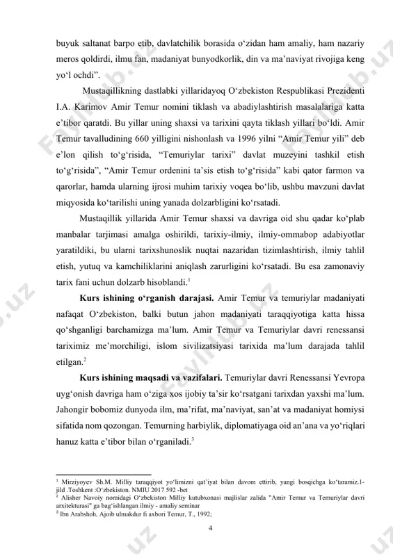 iston, afghanistan, hindiston va eronning bir qismini bosqichma-bosqich o‘z ichiga olgan kuchli dinastiya edi. bu davrda, san’at, mimos va adabiyot sohalarida ko‘p yuksalishlar bo‘lib, temuriylar renessansi xususiy uslubiyati va islom madaniyatiga o‘ta katta ta’sir qo‘shishi bilan ahamiyatlidir. kurs ishi mavzusining nazariy uslubiy asosi. temuriylar davri renessansining zamonaviy rivojlanishi boʻyicha kurs ishi uchun "temuriylar davri renessansi" mavzusini tanlab, ushbu mavzuning bugungi kunda ilm-fanda qanday oʻrganilayotgani, yangi topilmalar va natijalar, kuzatish usullariʻ boʻyicha maʼlumotlar yigʻish kerak. tizimlaringizda temuriylar davri madaniyatining oʻziga xos xususiyati, uning gʻarb renessansi bilan aloqasi, oʻsha davrning buyuk allomalari (alisher navoiy, ulugʻbek, bobur), qism jahon sivilizatsiya qoʻshishi va zamonaviy materialda ijodiy merosiga berilayotgan baholarini olish kerak. kurs ishining tuzulishi. kurs ishi kirish, ikki bob, to‘rt paragrif, xulosa foydalanilgan adabiyotlar ro‘yhatidan iborat. i bob. temuriylar davri renessansi va uning tarixshunoslik tadqiqotlarida aks etishi 1.1. xiv asr o‘rtalarida o‘rta osiyodagi siyosiy vaziyat va temuriylar sulolasining hokimiyat tepasiga kelishi 1219-1221 yillar ichida …