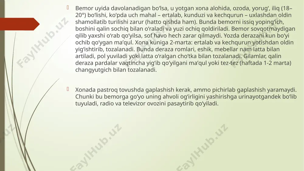 aminlarga boy boʻlishi kerak. bemorni kuniga 4 mahal (maʼlum soatlarda) ovqatlantirish lozim. ovqatlarning xilma-xil boʻlishi, dasturxonni chiroyli qilib bezash bemorning ishtahasi ochilishiga yordam beradi. koʻpgina kasalliklarda vrachning oʻzi parhez taomlar buyuradi, oʻz bilganicha parhez qilish yaramaydi. ayrim kasalliklar (ayniqsa, meʼda-ichak kasalliklari)da oz-ozdan damba-dam ovqatlanish tavsiya etiladi. ogʻir yotgan bemorlarga ovqat qoshiq bilan oz-ozdan ichiriladi. ichimlik va suyuq ovqatlar (qaynatma shoʻrva, kisel va boshqalar) joʻmrakli maxsus idishchada ichiriladi. bemorning uyqusiga, kayfiyatiga, es-hushi joyida ekaniga qarab turish muhim ahamiyatga ega. bemorni hayajonlantiradigan, uning kayfiyatini buzadigan gaplarni aytish, ezmalik qilish yaramaydi. bemor maʼyus boʻlib, chiroyi ochilmasa, tinchlantirish, unga dalda berish maʼqul. bemor yotgan uyda tinchlik saqlash uning tuzuk dam olishiga va tiniqsib uxlashiga yordam beradi. terining rangiga, toshmalar bor-yoʻgʻiga, qichishishiga, gavda haroratiga, yuz-koʻzlar ifodasiga eʼtibor berish va oʻzgarish sezilsa, tezda vrach chaqirish lozim. shuningdek siydik va najas rangining oʻzgarganligi, dori-darmonlar qanday taʼsir etayotganligini kuzatib borish hamda maʼlumotlarni vrachga yetkazib turish lozim. agar doridan …