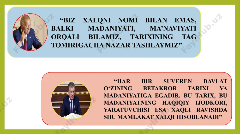 oshkentdagi ulug’bek haykali aks etgan pochta markalari muomalaga chiqarildi. 1998-yil 23-oktyabrda farg’onada buyuk alloma ahmad al-farg’oniyning 1200 yillik yubileyi nishonlandi. uning noyob ilmiy merosi xalqimizga qaytarildi. farg’ona shahrida al-farg’oniy bog’i yaratildi va buyuk allomaga haykal o’rnatildi. 17 1993-yil sentyabrda buxoroda mashhur shayx bahouddin naqshband tavalludining 675 yilligi nishonlandi. yubiley munosabati bilan buxorodagi naqshband nomi bilan bog’liq tarixiy yodgorliklar qaytadan tiklandi, uning ijodiga bag’ishlangan qator risolalar chop etildi. 1998-yil 23-oktyabrda samarqandda buyuk mutafakkir imom al-buxoriy tavalludining xijriy-qamariy tavqim bo’yicha 1225 yilligi nishonlandi. shu kuni xartang qishlog’ida imom al-buxoriy yodgorligi majmui ochildi. yubiley munosabati bilan ismoil al-buxoriyning 4 jildlik «al-jomi’ as-sahih» kitobi o’zbek tilida nashr etildi. 18 1999-yil — „alpomish“ dostonining 1000 yilligi; 2000 -yil — burhoniddin marg‘inoniy tavalludining 910 yilligi; 2000 -yil — kamoliddin behzod tavalludining 545 yilligi; 2001-yil — “avesto” yaratilganligining 27 00 yilligi. “qatag’on qurbonlari xotirasi” muzeyi 2002-yil 27 -avgust kuni foydalanishga topshirildi. o‘zbekiston hududida xalqning ulug‘vor va shonli …
