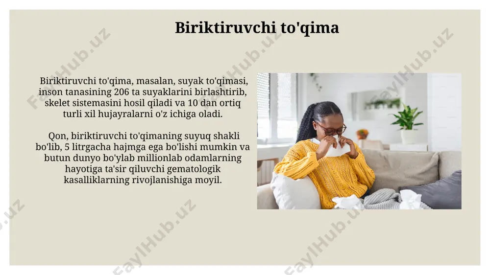 ing natijasi yangi dorilarning ishlab chiqarilishiga olib keladi. to'qima kasalliklarining 30% dan ortig'i genetik omillar bilan bog'liq bo'lib, jahon miqyosida 50 million kishini qamrab oladi, masalan, fibroz kabi kasalliklar. to'qimalarni o'rganish usullari immunogistokimyoviy usullar yordamida, o'simta to'qimalarida 30 dan ortiq turdagi oqsil markerlarini aniqlash orqali, kasallikning xususiyatlari va prognozini aniqlash mumkin, masalan, aqshda ishlab chiqarilgan antitellar yordamida. to'qimalarni mikroskopik tahlil qilishda, masalan, 40x va 100x kattalashtirishda, histologik bo'yash usullari, jumladan, gematoksilin-eozin bo'yash usuli keng qo'llaniladi va bu natijalarni toshkentdagi morfologiya laboratoriyalarida aniqlash mumkin. nerv to'qimasining turlari miya va orqa miya ichidagi oq modda asosan aksonlardan tashkil topgan bo'lib, bu yerda 1 milliarddan ortiq neyron 100 trilliondan ortiq sinaptik aloqalarni hosil qiladi, bu esa murakkab ma'lumotlarni qayta ishlashni ta'minlaydi. nerv to'qimasining 3 ta asosiy turi mavjud: neyronlar, neyrogliya hujayralari va shvan hujayralari, ularning har biri o'ziga xos funksiyalarini 12 juft bosh miya nervlari orqali amalga oshiradi. to'qimalarni mikroskopik tekshirish to'qimalarning mikroskopik …