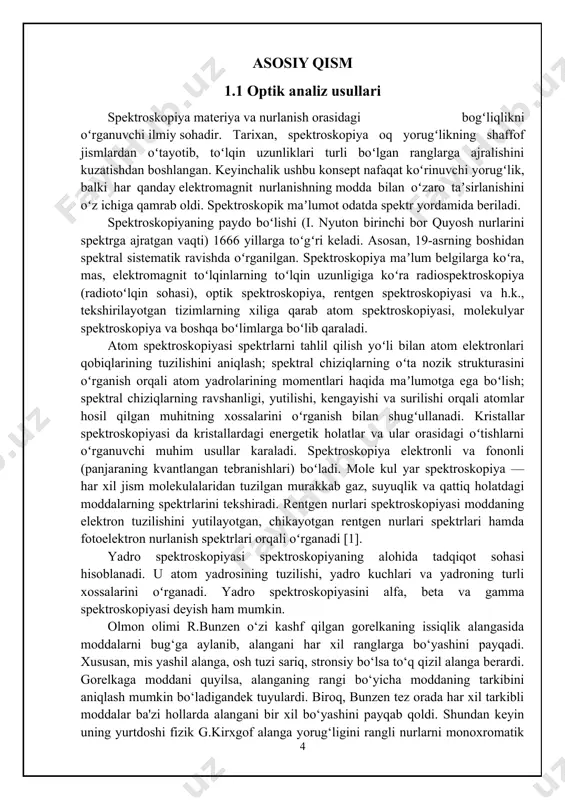 lab berdi. chunonchi yulduzlar ham, huddi yer va boshqa sayyoralar kabi atomlardan iborat ekanligi ma'lum bo‘ldi; qolaversa spektrlar bo‘yicha jismlarning harakat tezligini ham aniqlash imkoniyati paydo bo‘ldi. dopler effekti tufayli harakatlanayotgan manbada, yorug‘lik manbai kuzatuvchidan uzoqlashayotgani yoki, unga yaqinlashayotganiga qarab, spektr tegishlicha uzun yoki qisqa to‘lqin tomon siljiydi. kvant mexanikasining rivojlanishida ham spektroskopiyaning ahamiyati ulkan. shveytsariyalik olim i.balmergning vodorod spektrini tavsiflovchi formulasini tahlil qilish asnosida nils bor atomning birinchi kvant modelini yaratdi. olimlar to‘lqin uzunliklarining keng diapazondagi nurlanishi yordamida spektrlar bo‘yicha atom va molekulalarning energiya sathlarini aniqlaydilar. ionlangan atomlarning spektrlari 0.2-200 nm to‘lqin uzunliklar diapazonida, neytral atomlar va molekulalar 200-700 nm diapazonda nurlanadi. organik molekulalar spektrlari infraqizil diapazonda joylashgan, atomlarning mustahkam bog‘langan ichki elektronlari energiyasi 100 kev gacha energiyali ?-kvantlar yordamida tadqiq qilinadi. atomlarning sathlar orasidagi kichik energiyali o‘tishlaridagi nurlanishlarni olimlar radiotexnika vositalari bilan muvaffaqiyatli tadqiq qiladi. lazerlar paydo bo‘lishi bilan spektroskopiyaning yangi bo‘limi - lazer spektroskopiyasi vujudga keldi. o‘zgartiriluvchi …