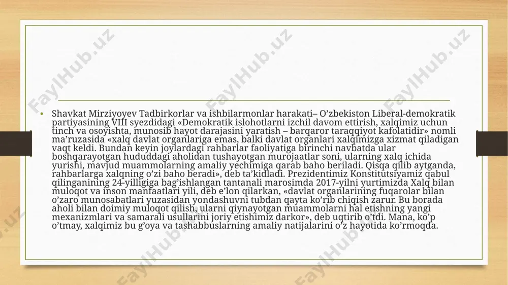 , virtual qabulxona allaqachon aholi muammolarini amalda hal qilishga qodir bo'lgan mexanizmga aylanib ulgurdi. fidoyi va jonkuyarlar davri keldi. xorijiy ommaviy axborot vositalarida e`tirof etilganidek, shavkat mirziyoyev ko'plab amaldorlarni aylanib o'tib, fuqarolarning shikoyatlarini to'g'ridan-to'g'ri qabul qiladigan va prezident devoniga yetkazadigan virtual qabulxonani tashkil etish orqali shu paytga qadar xalqdan uzoqlashib ketgan o'zbek siyosiy modelini ijobiy ma`noda larzaga keltirdi. «xalq davlat idoralariga emas, balki davlat idoralari xalqimizga xizmat qilishi kerak» tamoyilini hayotga tatbiq etishga, ishni soat mexanizmidek tashkil qilishga qodirlargina qoldi. bu tamoyil odamlarning hokimiyat bilan to'siqsiz muloqot o'rnatishiga keng maydon hamda imkon beradi. 2016 yilning oxiriga kelib, ushbu ezgu ishlar ko'lami yanada ortdi. prezident farmoni bilan har bir tumanda, shaharda davlat rahbarining xalq qabulxonalari tashkil etilishi belgilandi. bu davlat va fuqaro o'rtasidagi muloqotni sifat jihatidan yangi bosqichga olib chiqdi, jamiyatda adolat ildizlarini yanada chuqurroq mustahkamlashga, turli bo'g'indagi rahbarlar, amaldorlarni aholi bilan yaqinlashtirishga, murojaatlarning imkon qadar tezroq hal qilinishiga zamin yaratdi. …