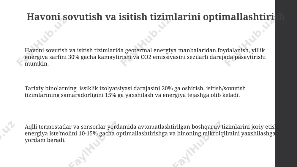 i qoplash mumkin. yoritish tizimlarini modernizatsiya qilish tarixiy obidalarni yoritishda energiya samaradorligini oshirish uchun quyosh panellari va batareyalar kabi qayta tiklanuvchi energiya manbalaridan foydalanish 20-30% gacha energiya tejashga olib kelishi mumkin. yoritish tizimlarini led texnologiyalariga o'tkazish energiya sarfini 50-70% gacha kamaytirishi va umrini 50 000 soatgacha uzaytirishi mumkin, bu esa texnik xizmat ko'rsatish xarajatlarini sezilarli darajada qisqartiradi. aqlli boshqaruv tizimlari, masalan, harakat sensorlari va yorug'lik darajasini aniqlovchi qurilmalar, binolarning yoritishini avtomatlashtirib, energiya iste'molini 30% gacha optimallashtirishi mumkin. suv resurslaridan samarali foydalanish suv resurslaridan oqilona foydalanishni ta'minlaydigan avtomatlashtirilgan sug'orish tizimlari suv sarfini 40% ga kamaytirishi va yillik suv hisob-kitoblarini 20-25% tejashga yordam beradi. tarixiy meros ob'ektlarida energiya tejash dasturlarini amalga oshirish yillik xarajatlarni 15-25% gacha kamaytirishi va co2 emissiyasini sezilarli darajada (taxminan 20%) qisqartirishga yordam beradi. zamonaviy yoritish tizimlariga (led) o'tish va binolarning issiqlik izolatsiyasini yaxshilash orqali energiya iste'molini 30% gacha qisqartirish mumkin. bunday modernizatsiya 5-7 yil ichida o'z xarajatlarini qoplaydi. …
