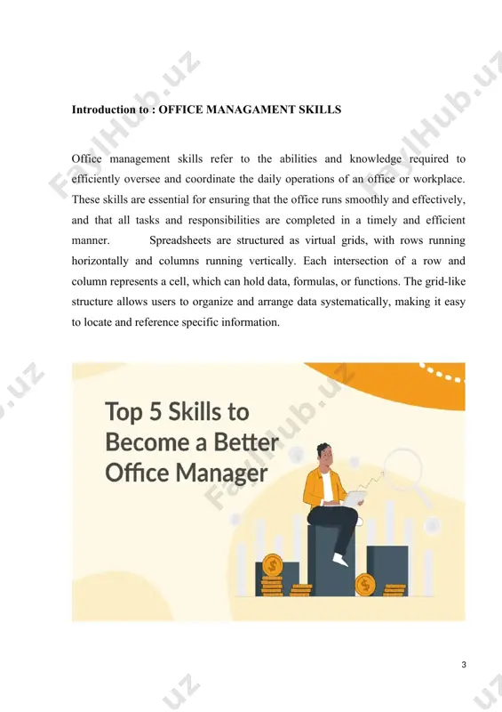 d achieve greater productivity and success in both professional and personal endeavors. communication skills communication skills are fundamental to effective office management. they involve the ability to convey information clearly, listen actively, and interact effectively with colleagues, clients, and other stakeholders. here's more information on communication skills: verbal communication: this involves speaking clearly, confidently, and articulately. it's essential for conveying instructions, discussing ideas, and presenting information in meetings or presentations. nonverbal communication: nonverbal cues such as facial expressions, body language, and gestures can significantly impact communication. being aware of and effectively using nonverbal cues can enhance understanding and rapport with others. listening skills: active listening involves fully concentrating, understanding, responding, and remembering what is being said. it's crucial for building rapport, resolving conflicts, and fostering effective teamwork. written communication: clear and concise written communication is vital for exchanging information through emails, memos, reports, and other written documents. it's essential to …