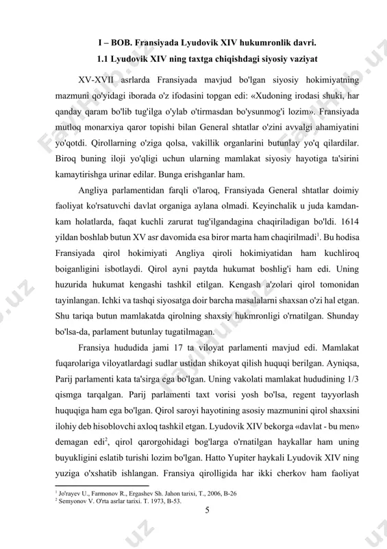 hammani o'z dinlariga tortishga intildilar. ular maxfiy bosmaxonalar tashkil etib, varaqalar chop etdilar va uni butun mamlakat bo'ylab tarqata boshladilar. reformatsiya fransiyada shu tariqa kirib keldi. lyudovik-dieudonnet ismini tug'ilganda olgan lyudovik xiv de burbon "xudo tomonidan berilgan", shuningdek, "quyosh qiroli" sifatida ham tanilgan, shuningdek, lyudovik xiv buyuk, (1638 yil 5 sentyabr, sen-jermen-en-laye - 1715 yil 1 sentyabr , versal) - 1643-yil 14-maydan fransiya va navarra qiroli .u 72 yil hukmronlik qildi - bu tarixdagi boshqa evropa monarxlaridan uzoqroq. yoshligida frond urushlaridan omon qolgan lyudovik bu tamoyilning sodiq tarafdoriga aylandi. mutlaq monarxiya va shohlarning ilohiy huquqi (uni ko'pincha "davlat - men" iborasi bilan hisoblashadi), u o'z hokimiyatini mustahkamlashni asosiy siyosiy lavozimlarga davlat arboblarini muvaffaqiyatli tanlash bilan birlashtirdi. lyudovik hukmronligi – fransiya birligi, uning harbiy qudrati, siyosiy salmog‘i va intellektual nufuzi sezilarli darajada mustahkamlangan, madaniyat gullagan davr tarixga “buyuk asr” sifatida kirdi. shu bilan birga, lyudovik tomonidan olib borilgan va yuqori soliqlar …