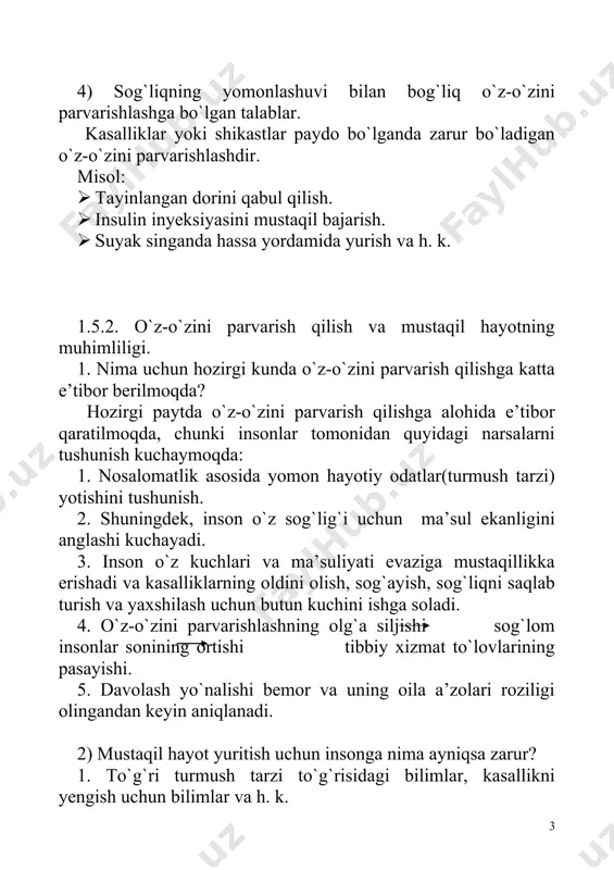 g olg`a siljishi sog`lom insonlar sonining ortishi tibbiy xizmat to`lovlarining pasayishi. 5. davolash yo`nalishi bemor va uning oila a’zolari roziligi olingandan keyin aniqlanadi. 2) mustaqil hayot yuritish uchun insonga nima ayniqsa zarur? 1. to`g`ri turmush tarzi to`g`risidagi bilimlar, kasallikni yengish uchun bilimlar va h. k. 2. mustaqil hayotga bo`lgan intilish. 3. mustaqil hayotni saqlash uchun harakatlanish qobiliyati. 1.5.3. o`z-o`zini parvarish qilishda hamshiraning roli. 1) oremgacha hamshira oremgacha ham insonlarni o`z-o`zini parvarish qilishga o`rgatar edi, ularga o`z-o`zini parvarish qilishda yordam berar edi. misol: naytingeyl qrim urushi vaqtida yarador askarlarga o`z-o`zini parvarish qilishni o`rgatgan edi. orem qarashalri bo`yicha o`z-o`zini parvarish qilishga bo`lgan talablarning 3 turidan qaysi biriga mos keladi? 2) oremning qarashlari bo`yicha hamshiralik ishi tamoyillari hamshiralik ishi insonlarning sog`ayishi, kasallik hamda shikastlarni yengishida o`z-o`zini parvarish qilishning yetishmovchiligini to`ldirish vazifasi orqali yordam beradi. 3) 3) hamshiralik parvarishining ta’siri (1) baholash: kuzatish va baholash, ob’ekt (bemor) aynan nimada o`z-o`zini parvarishlashni bajara olmaydi va …