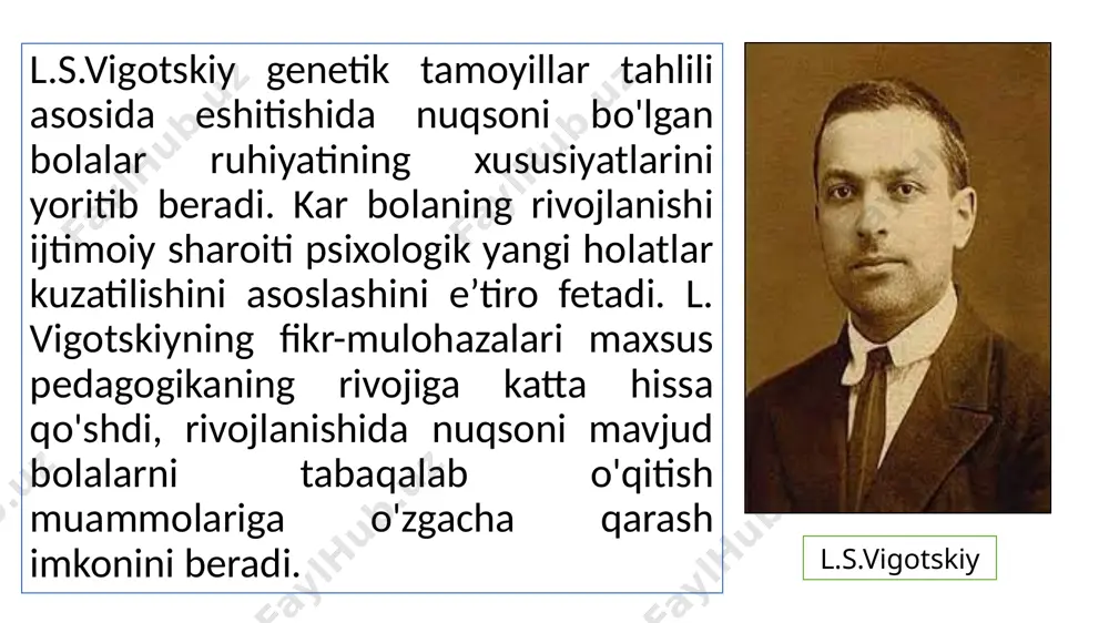byekti tug'ma yoki orttirilgan nutq nuqsoniga ega bo'lgan bolalardir. logopsixologiya fanining predmeti doirasiga nutq nuqsoniga ega bo'lgan bolalarning psixik xususiyatlarini o'rganish va psixokorreksion ishlarni tashkil etish jarayoni kiradi. logopsixologiya fanining vazifalari: nutq nuqsonlarining differensial diagnostika metodlarini ish­lab chiqish nutq nuqsoniga ega bo'lgan bolalarning bilish faoliyatidagi kam chiliklarini o'rganish va bartaraf etish; nutq nuqsoniga ega bo'lgan bolalarda hissiy-irodaviy sohani va shaxslararo munosabatlardagi kam chiliklarni bartaraf etish metodlarini ishlab chiqish; nutq nuqsoniga ega bolalarning bilish faoliyatidagi va hissiy- irodaviy sohasidagi kam chiliklarning oldini olish va bartaraf etishga qaratilgan chora-tadbirlarni ishlab chiqish turli nutq nuqsoniga ega bo'lgan shaxslarning psixik rivojla­nish xususiyatlarini o'rganish; nutq kamchiligi bo’lgan bolalarning umumiy psixologik tavsifnomasi l.s.vigotskiy bola nutqining uning atrofidagi katta kishilar ta ’siri ostida shakllanish mexanizm larini ko'rsatib berdi. avval kattalar unga nutqiy ko'rsatm alar beradilar («qoshiqni ol», «o'yinchog'ingni menga ber» va h.k.), bunga javoban bola nomi aytilgan predm etni ko'zi bilan topadi va ko'rsatm ani bajaradi. bola …