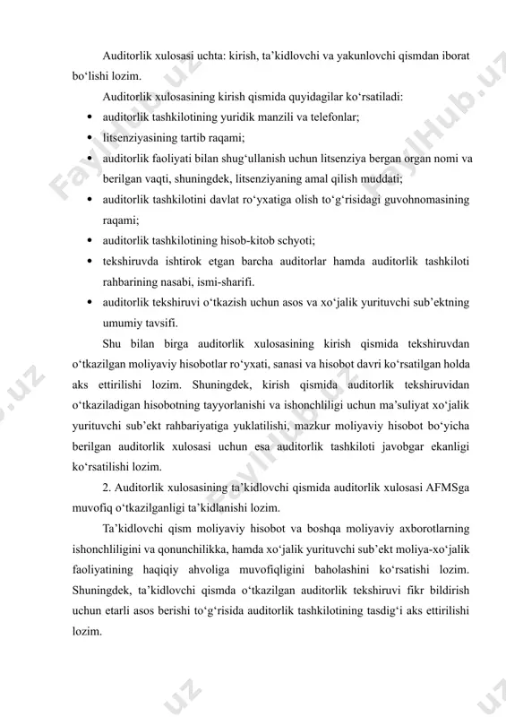 sdig‘i aks ettirilishi lozim. 3. auditorlik xulosasining yakunlovchi qismida õûæàëèê þðèòuvchi sub’ektning buxgalterlik (moliyaviy) hisoboti ishonchliligi va qonunchilikka muvofiqligini tasdiqlash to‘g‘risida yozuv yoziladi. tekshiruv auditorlik tashkiloti tomonidan o‘tkazilganda, auditorlik xulosasini auditorlik tashkilotining rahbari yoki auditorlik tashkilotining u vakolat bergan boshqa xodimi imzolaydi va auditorlik firmasi muhri bilan tasdiqlaydi. xo‘jalik yurituvchi sub’ekt faqat auditorlik xulosasining yakuniy qisminigina manfaatdor shaxslarga taqdim qilishi lozim. shu munosabat bilan auditorlik xulosasining tahliliy qismi va yakuniy qismi alohida imzolanishi va muhrlanishi mumkin. auditorlik xulosasining ikkita turi mavjud: a) ijobiy auditorlik xulosasi; b) salbiy auditorlik xulosasi. ijobiy auditorlik xulosasida buxgalterlik balansi va moliyaviy hisobot ko‘rsatkichlarining ishonchliligi auditor tomonidan tasdiqlanadi. qoidaga ko‘ra ijobiy auditorlik xulosasi auditorlik tashkiloti xo‘jalik yurituvchi sub’ektning moliyaviy hisoboti uning moliyaviy holati va sodir etilgan moliya-xo‘jalik muomalalarining o‘zbekiston respublikasi qonunchiligi talablariga muvofiqligini ishonarli aks ettiradi degan fikrga kelingan vaqtda tuzilishi lozim. salbiy auditorlik xulosasi moliyaviy hisobot korxonaning moliyaviy ahvoli to‘g‘risida ishonarli ma’lumot bermagan va buxgalterlik …