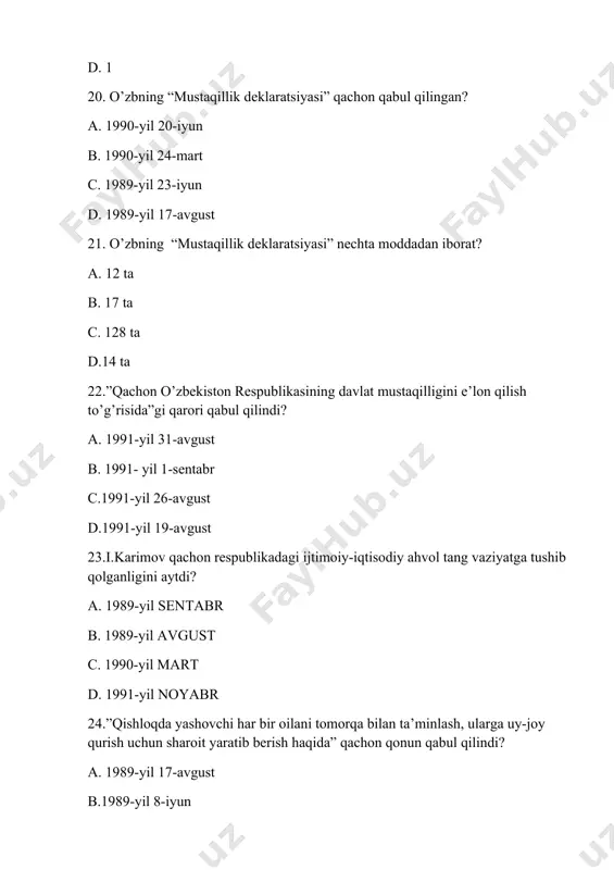 c. xv xvi asrlar d. xi xii asrlar 59. sharqda ikkinchi renesans qaysi sulola davrida yuz bergan? a. temuriylar b. somoniylar c. xorazmshohlar d. shayboniylar 60. bugungi kunda yurtimizda qancha tarixiy obyekt mavjud? a.7300 b. 200 c.1000 d.4250 61.1991-yil qanday yil deb e’lon qilingan? a. a.navoiy yili b. mirzo ulug’bek c. amir temur d. boborahim mashrab 62. qoraqalpog’iston respublikasi konstitutsiyasi qachon qabul qilingan? a. 1993-yil 9-aprel b. 1993-yil 1-mart c. 1992-yil 8-dekabr d. 1994-yil 25-dekabr 63. qoraqalpog’iston respublikasining davlat bayrog’i to’g’risidagi qonun qachon? a. 1992-yil 14-dekabr b. 1993-yil 9-aprel c. 1993-yil 24-dekabr d. 1994-yil 24-sentayabr 64. toshkentda orolni qutqarish jamg’armasi qachon tashkil etildi? a.1993-yil 4-yanvar b.1998-yil 24-mart c.1999-yil 30-iyun d.1995-yil 4-fevral 65. i.karimov ilk bora bmtning nechinchi sessiyasida nutq so’zlagan? a. 48-sesssiya b. 72-sessiya c. 42-sessiya d. 55-sessiya 66. sh.mirziyoyev ilk bora bmtning nechinchi sessiyasida nutq so’zlagan? a.72-sessiya b.56-sessiya c.82-sessiya d.67-sessiya 67. o’zbekiston bmtga qachon a’zo bo’ldi? a. 1992-yil 2-mart …