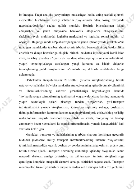 ishlash logistikasini muhimligini anglab yetgan holda inter, multimodal va yuklarni tashishning terminal tizimlarini, yuklarni tashish texnologiyasi, zamonaviy telekommunikatsiyalar, yaʼni yukni kuzatishning va boshqalarning ham logistikaga ehtiyoji sezildi. o‘zbekistonda yirik transport va ekspeditorlik tashkilotlari o‘zlarining terminal tizimlarini, tashkil eta boshladilar, shuning uchun yuk tarqatuvchi va logistik markazlar, logistik servis ko‘rsatish ishlarini qo‘llab-quvvatlab turuvchi axborot - kompyuter tizimlarini tuzishga ehtiyoj sezilmoqda. logistika konsepsiyasini tatbiq etish, korxonalardagi umumiy xarajatlarni kamaytirish uchun asosiy faoliyat yo‘nalishlaridan biri hisoblanadi. logistik faoliyat integratsiyali ahamiyatga ega bo‘lib, u tovar (xizmat)larga ehtiyoj paydo bo‘lgandan, to uni qoniqtirgungacha bo‘lgan oralikni o‘z ichiga oladi. makrodarajadagi logistika turli xil tashkilotlarning integratsiyalashuvi orqali biznes maqsadiga erishgungacha bo‘lgan birgalikdagi faoliyatini aks ettiradi. barcha faoliyat va operatsiyalar rejalashtirilishi, boshqarilishi va muvofiqlashtirilishi lozim. logistikaning asosiy integratsiyalashgan tizimini shunday muhim biznes sohalari, yaʼni xomashyo va materiallarni sotib olish, mahsulotni ishlab chiqarish va sotish, transport, axborot va boshqalar tashkil etadi. logistikaning maqsadi deb, globalizatsiyalashtirish, inson faoliyatining kattagina sohasini …