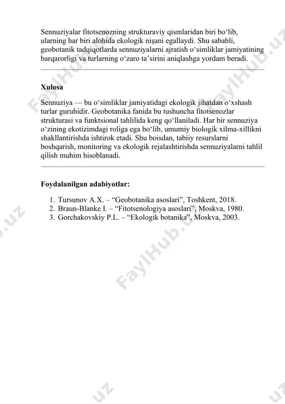 an adabiyotlar: 1. tursunov a.x. – “geobotanika asoslari”, toshkent, 2018. 2. braun-blanke i. – “fitotsenologiya asoslari”, moskva, 1980. 3. gorchakovskiy p.l. – “ekologik botanika”, moskva, 2003.