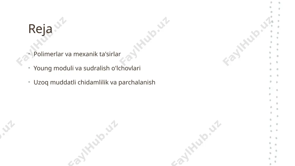 datini belgilovchi omil hisoblanadi. 3 ta'sir mexanizmlari mexanik stress ostida polimerlarning deformatsiyasi, ularning ichki tuzilishidagi o'zgarishlar va mikrostruktura o'zgarishlariga olib keladi, bu jarayonlar xususiyatlarni belgilaydi. mexanik ta'sirlar va polimerlarning elastikligi: o'lchov usullari. 01 mexanik ta'sirlar mexanik ta'sirlar polimerlarning struktura va elastikligini o'zgartirishi mumkin. ular tashqi kuchlar ta'sirida materialning qattiqligini belgilaydi. 02 o'lchov usullari polimerlarning elastikligini o'lchash uchun ko'plab usullar mavjud, masalan, dinamometrik sinovlar va ultratovush metodlari. bu usullar aniq natijalar beradi. 03 natijalar va tahlil o'lchov natijalari polimerlarning mexanik xususiyatlarini aniqlashda muhim rol o'ynaydi. ular materialning ishlash muddatini va chidamliligini belgilaydi. polimerlarning mexanik ta'sirlar ostida qiziyishi va uning oqibatlari. mexanik qiziyish mexanik ta'sirlar polimerlarni qizitadi, bu jarayon materialning fizik xususiyatlariga, masalan, elastiklik va kuchga ta'sir ko'rsatadi. termal ta'sirlar qizish jarayoni polimerlarning ichki tuzilishini o'zgartirishi mumkin, natijada molekulalar orasidagi bog'lanishlar zaiflashadi va materialning chidamliligi kamayadi. qizish oqibatlari mexanik ta'sirlar ostida qiziyish natijasida polimerlarning mexanik xususiyatlari o'zgarishi mumkin, bu esa ularning uzoq …