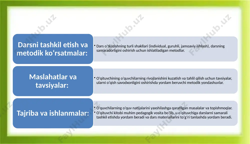 i. kitobdagi metodik yondashuvlar o‘quvchilarning bilim, ko‘nikma va malakalarini samarali o‘stirishga yordam beradi va ular uchun muvaffaqiyatli o‘qish jarayonini ta’minlaydi. xulosa 1-4-sinf uchun ona tili va o‘qish savodxonligi darslari o‘qituvchi kitobi o‘quvchilarni nafaqat o‘qish va yozishni o‘rgatishda, balki ularning fikrlash va muloqot ko‘nikmalarini rivojlantirishda muhim rol o‘ynaydi. kitob metodik yondashuvlar va dars rejalari orqali o‘quvchilarga tizimli ta’lim berishga imkon yaratadi. o‘qituvchilar uchun yaratilgan bu materiallar, shuningdek, ularning darslarni samarali o‘tkazishlari va o‘quvchilarning savodxonligini oshirishdagi metodik yordamni ta’minlaydi. foydalanilgan adabiyotlar: o‘zbekiston respublikasi xtv, "ona tili va o‘qish savodxonligi o‘qituvchi kitobi", 2022 qodirova m. — boshlang‘ich ta’lim metodikasi va pedagogika asoslari, toshkent, 2021 to‘xtayeva n. — boshlang‘ich sinf o‘quvchilari uchun ta’limiy kitoblar tahlili, toshkent, 2023 xo‘jaeva m. — ta’lim metodlari va darsliklar tahlili, samarqand, 2022 sharipov a. — o‘qish va yozishni o‘rgatish metodlari, toshkent, 2020 image2.jpeg image3.jpeg image4.jpeg image1.png /docprops/thumbnail.jpeg
