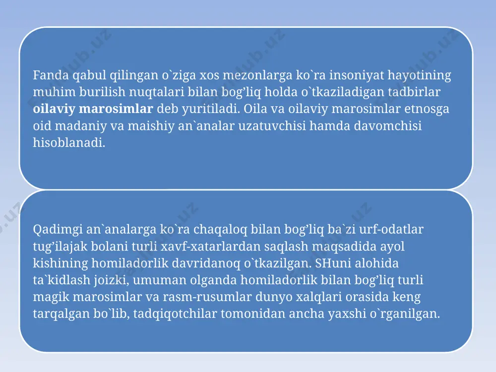 iq tutatib turish doimiy shartlardan biri hisoblangan. qolaversa, aynan chillaa davrida marosimiy cho`miltirish va kiyim kiydirish kabi urf-odatlar baja­ri­li­shi ham mazkur jarayonni initsiatsion xarakterga ega bo`lgan deyishimizga asos bo`ladi. chillali xonadonlarga kirib-chiqish qat`iy nazorat qilinadi. begona kishilar ona-bola yotgan xonaga kirgizilmaydi. ajdodlarimiz chaqaloq organizmining nozikligi va kasalga chalinuvchanligi tufayli chilla davrida ins-jinslar xurujidan kattalar yordamisiz o`zini himoya qila olmaydi, deb o`ylaganlar. yovuz kuchlar yo`liqishining oldini olish, ularni chaqaloqli uy ostonasiga yaqinlashtirmasdan chalg’itib yuborish maqsadida bir qator afsungarlik harakatlari, irimlar, tabular bajarilgan. ayniqsa, chillali uyga bolasi chala tug’ilib yoki boshqa sabablarga ko`ra nobud bo`lgan yoxud bepusht ayollar hamda nopok kishilar kiritilmagan. samarqandda chillali xonadonni yovuz kuchlardan himoya qilish maqsadida bola yotgan uyga mevali daraxt shoxidan qoqib qo`yilgan. chaqaloqni ko`rgani kirgan har bir kishi ushbu shoxni qo`li bilan ushlab ichkariga kirgan. kosonsoy tumani axolisida chaqaloqni ko`rgani kelgan mehmonlar chillali ayol bilan qo`l berib ko`rishmaganlar. bizningcha, ushbu tabu zaminida qo`l berib so`rashish orqali …