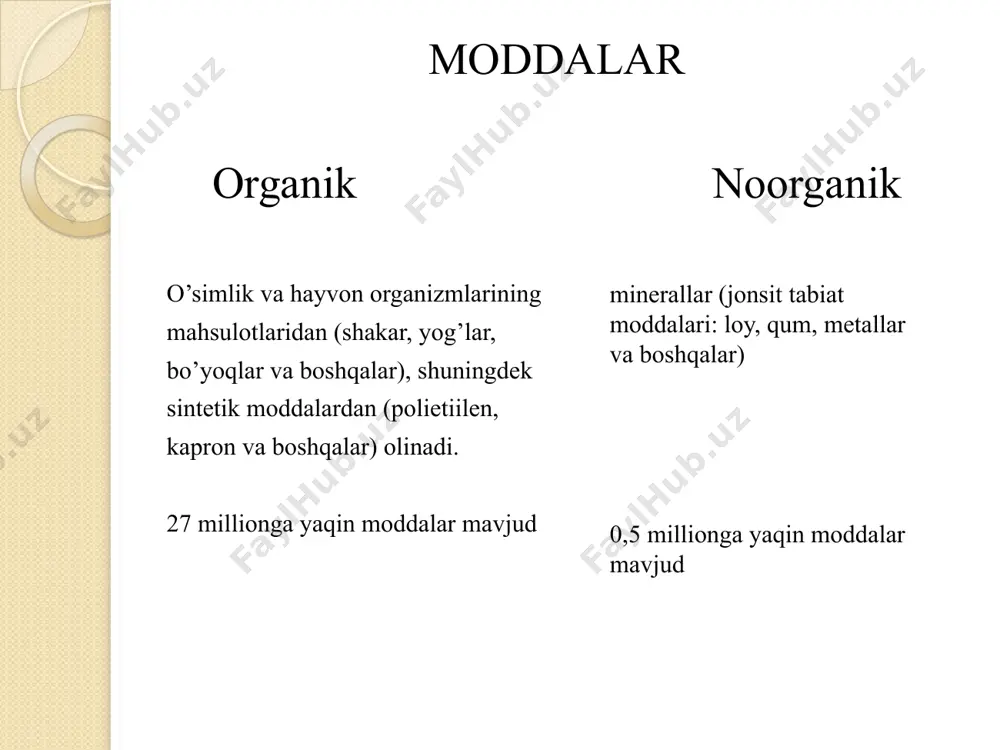 suvsizlanish – ko’p bog’lanish hosil bo’lishi bilan suvning bo’linishi alkillanish – bu vodorodni uglevodorod radikaliga almashtirish galogenlash – vodorodno galogenga almashtirish yoki ko’paytmalarni qo’shish orqali galogen atomini molekulaga kiritish hozirgi vaqtda mikrobiologik sintez yo'li bilan ko'plab kislotalar (limon, sut, sirka va boshqalar) olinadi. oziq-ovqat sanoati an'anaviy ravishda limon, sirka va sut kislotalarining asosiy iste'molchisi hisoblanadi, chunki tabiiy fermentatsiya mahsulotlari inson tanasi uchun zararsizligi sababli sintetik kislotalarga qaraganda afzalroqdir. oziq-ovqat sirka kislotasini olish uchun sirka kislotasi bakteriyalarining etil spirtini sirka kislotasiga oksidlash qobiliyatidan foydalaniladi. sirka kislotasini hosil qilish reaksiyasi oksidlovchi ferment spirt oksidaza tomonidan katalizlanadi. ushbu murakkab ko'p bosqichli jarayon umumiy tenglama bilan ifodalanadi. сн3сн2он + о2 = сн3соон + н2о + 490 кдж. sirka kislotasini ishlab chiqarish sxemasi sirka kislotasini olishning biotexnologik bosqichining asosiy xarakteristikalari sut kislotasi. ch3chohcooh sut kislotasi bakteriyalari tomonidan uglevodlarning anaerobik konversiyasi natijasida hosil bo'ladi. sut kislotasi biosintezi diagrammasi sanoat sharoitida oziq-ovqat sut kislotasi gomofermentativ termofil bakteriyalar …