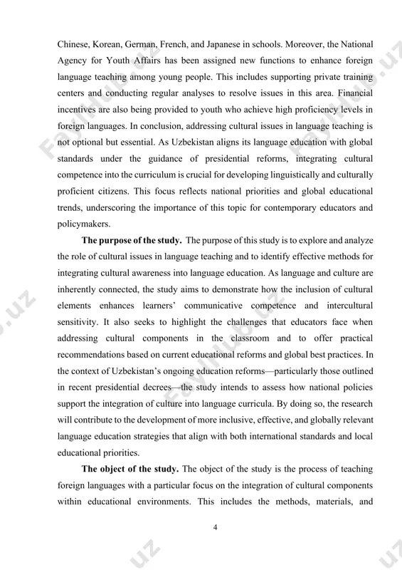 study includes a combination of theoretical resources, official policy documents, and practical examples used in language teaching. these consist of: · scientific literature and academic articles on the relationship between language and culture, intercultural communication, and modern pedagogical strategies in language education. · presidential decrees and government decisions of uzbekistan—particularly the presidential decree pq–5117 (2021), the 2023 national address, and the 2024 reforms introducing foreign language focus programs—which provide the legal and strategic foundation for cultural integration in education. · foreign language textbooks and curricula currently used in educational institutions in uzbekistan and abroad, with emphasis on how cultural elements are embedded. · teacher training materials and methodological guides that illustrate how educators are prepared to integrate cultural awareness into language lessons. · case studies and classroom examples from both local and international schools that showcase practical applications of cultural content in language teaching. the aim of this course work. …