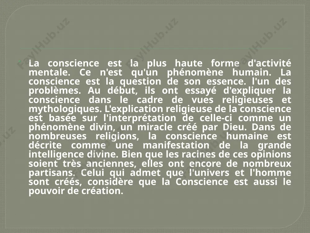 la conclusion que la conscience n'est pas un idéal, mais un phénomène matériel. bien que la bile puisse être vue, l'esprit ne peut pas être vu ou saisi. en fait, l'histoire de la conscience est liée à l'histoire de l'être humain. puisque l'homme est à la fois un être biologique et un être social, cela signifie que la conscience est un produit du développement à la fois biologique et social. la conscience est composée de pensées et de sentiments humains, de sensations, d'imaginations, de volontés et de vues. la conscience de soi, la mémoire, la volonté et la parole sont les principaux aspects de la conscience. de nos jours, des machines électroniques ont été créées qui exécutent également des processus créatifs complexes, mais elles ne peuvent pas remplacer la conscience, car la conscience est une entité objective très complexe. foydalanilgan adabiyotlar zokirxodjaev sh.ya., solixov m.u. “shifokor va bemor” toshkent - …