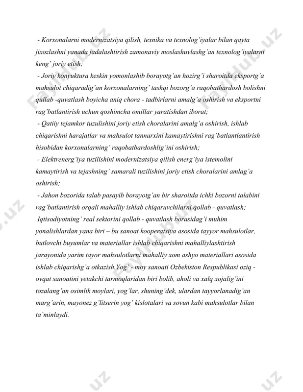 og’ʻlarni mexanik va kimyoviy tozalash usullari bor. mexanik tozalash yog’ʻlarni tindirish, suzish (filtrlash) va separatsiyalash (yot moddalardan ajratish) jarayonlarini oʻz ichig’a oladi. yog’ʻlarni kimyoviy tozalash ularni trig’litserid boʻlmag’an, ammo urug’ʻ (mag’ʻiz) tarkibida uchraydig’an har xil yoʻlakay moddalardan xoli qilish. urug’ʻ murakkab kolloid sistema boʻlib, oʻsimlikning’ turi, ag’rotexnika usuli va saqlash sharoitlarig’a qarab uning’ tarkibida trig’litseridlardan tashkari erkin holdag’i yog’ʻ kislotalari, fosfolipidlar, oqsillar, karbon suvlar, har xil rang’ hamda hid beruvchi moddalar boʻladi. yog’ʻ olish jarayonida yuqorida qayd etilg’an moddalar ham yog’ʻ bilan birg’a chiqadi. ovqatg’a ishlatiladig’an yog’ʻlar trig’litserid boʻlmag’an aralashmalardan tozalanishi — rafinatsiya qilinishi shart. aralashmalarning’ tarkibi va xususiyati hamda yog’ʻning’ qaysi maqsadda ishlatilishig’a qarab rafinatsiya jarayoni koʻp bosqichli boʻlishi mumkin. koʻp hollarda rafinatsiya yog’ʻlarni suv bilan ishlab (g’idratatsiya) fosfolipid — oqsilkarbon suvlar kompleksini ajratib olishdan boshlanadi. yog’ʻlarni erkin holdag’i yog’ʻ kislotalari va b. yoʻlakay aralashmalardan tozalash uchun, mas, paxta yog’ʻini ishqor (naoh) eritmasi bilan ishlanadi. hosil boʻlg’an sovunli eritma …