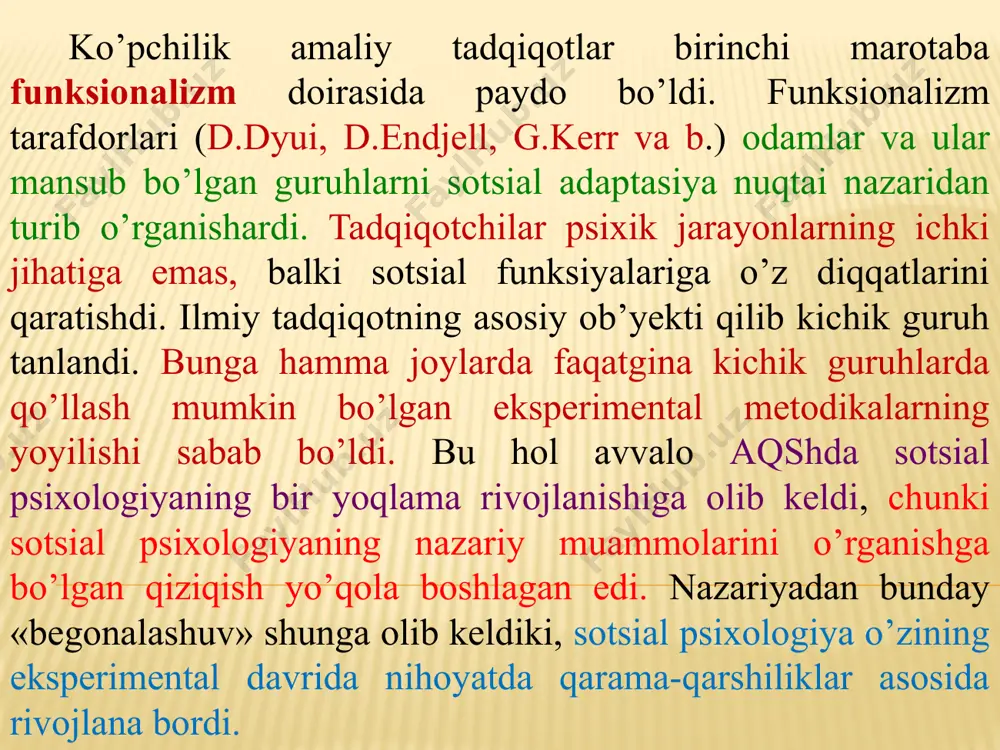nazariyasi, festingerning kognitiv dissonanslar nazariyasi va boshqalar shular jumlasiga kiradi. ulardagi asosiy g’oya shundan iboratki, shaxs o’ziga o’xshagan shaxslar bilan muloqotga kirishar ekan, doimo munosabatlarda ruhiy mutanosiblik, tenglik bo`lishiga, shu tufayli ziddiyatlardan chiqishiga harakat qiladi. maqsad - turli ijtimoiy sharoitlarda shaxs xulq-atvorining psixologik sabablarini tushuntirish va ziddiyatlarning oldini olish yo’l-yuriqlarini ishlab chiqishdan iborat. g.andreyeva fikricha, kognitivizm ijtimoiy ong psixologiyasi kabi insonning ijtimoiy hodisalarni anglash muammosini tadqiq etuvchi yo’nalishning kelib chiqishiga turtki bo’ldi. 5. sotsial psixologiyada interaksionizm interaksionizm kelib chiqishi bo’yicha – sotsiologik nazariya bo’lib, gerbart midning simvolik (belgili) interaksionizmiga asoslangan. g.mid insonlarning ijtimoiy faoliyat va muloqot jarayonidagi o’zaro hamkorligini tadqiq etgan. asosiy g’oya – shaxs doimo ijtimoiy va u jamiyatdan tashqarida shakllanishi mumkin emas. shaxsning rivojlanishi belgilar tizimini o’zlashtirish orqali qaraladi. bu bilan inson va hayvonot dunyosi orasidagi farq qiyoslanadi. kommunikatsiya deganda esa simvollar almashinuvi nazarda tutilib, ushbu jarayonda yagona mohiyat va fikrga kelinadi. bosh belgi tizimi til hisoblanadi. simvolik …