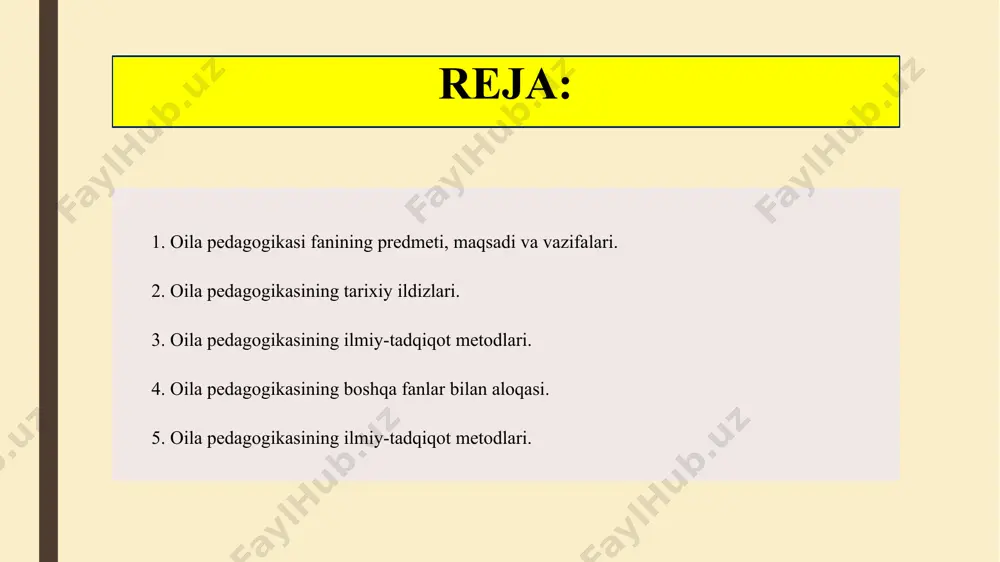 sh; ilg‘or oilalardagi muovaffaqiyatli ish uslublarini o‘rganish; ota–onalarning pedagog mutaxassislar bilan hamkorlikgini o‘rnatish; barkamol inson tarbiyasiga doir muammolarni hal qilish doimiy va hayotiy izlanishlarni talab etadi. oila pedagogikasining boshqa fanlar bilan aloqasi: oila pedagogikasi o‘sib kelayotgan yosh avlodni barkamol inson qilib tarbiyalash uchun oilada beriladigan tarbiyaning mazmuni, umumiy qonuniyatlari, tamoyil va metodlariga doir bilimga ega bo‘lmoq lozim. oila pedagogikasi umumiy pedagogikaning bir tizimi bo‘lib u umumiy pedagogika qonuniyatlari asosida yaratilgan. komil inson tarbiyasi juda ko‘p qirrali va murakkab bo‘lganligi sababli hamma fanlar unga ko‘makdosh bo‘ladi. buyuk alloma abu nasr al-farobiy «talhizu navomis» (“aflotun qonuniyatlarining mohiyati”) asarida inson kamolotini falsafa fani ta’sirida rivojlinishini shunday ko‘rsatgan edi: «yаxshi fazilatga ega bo‘lgan shahar aholisi eng baxtiyоr odamlar bo‘lishlari, qonunlarga ixtiyoriy bo‘ysunishini ta’minlash uchun qonunlarni takomillashtirish, ulardagi qoidalarni mustahkamlashdir». oila pedagogikasining tarixiy ildizlari: xalq donishmandlarining oila muammosi va tarbiyasi haqidagi qarashlari juda uzoq tarixiy ildizga egadir. xalq og‘zaki va yozma yodgorliklarida: maqol, hikmat, ertak, …